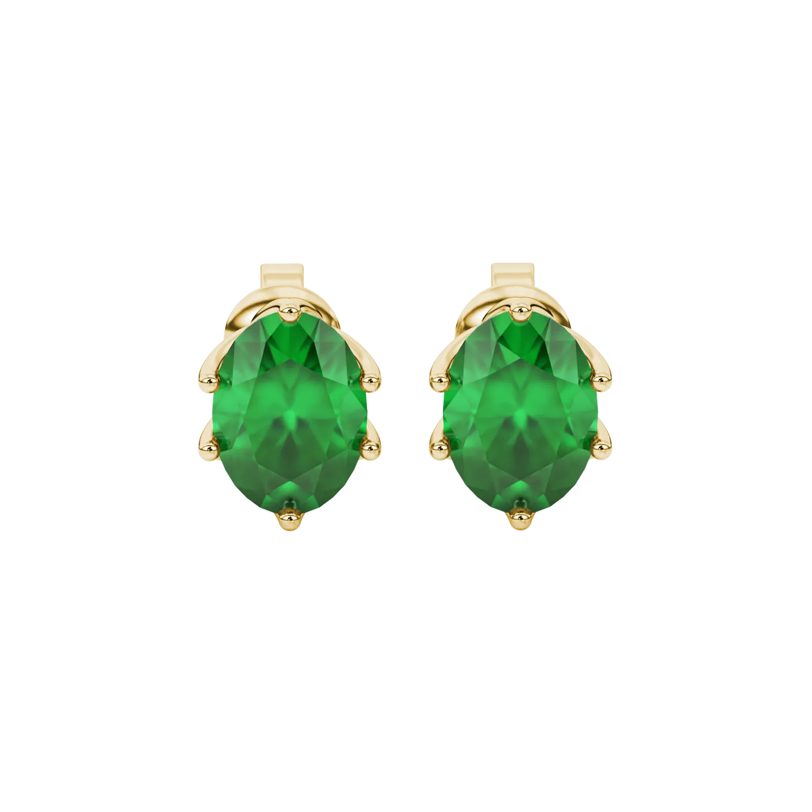 Oval cut emerald green gemstone earrings, yellow gold scalloped six prong setting.