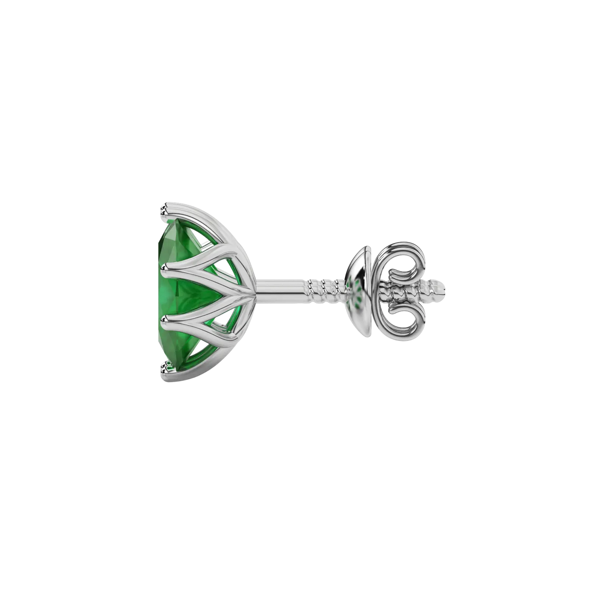Side profile, white gold emerald green earrings, scalloped six prong gallery.