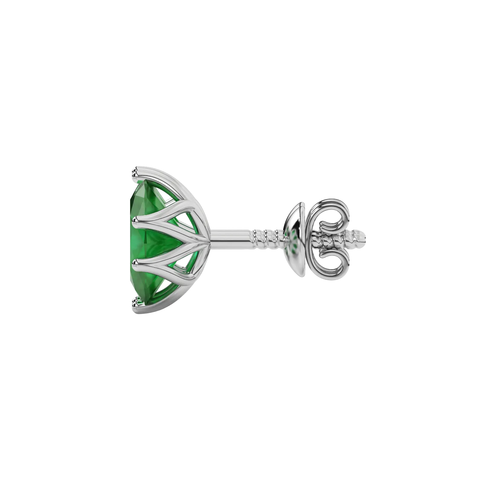 Side profile, white gold emerald green earrings, scalloped six prong gallery.