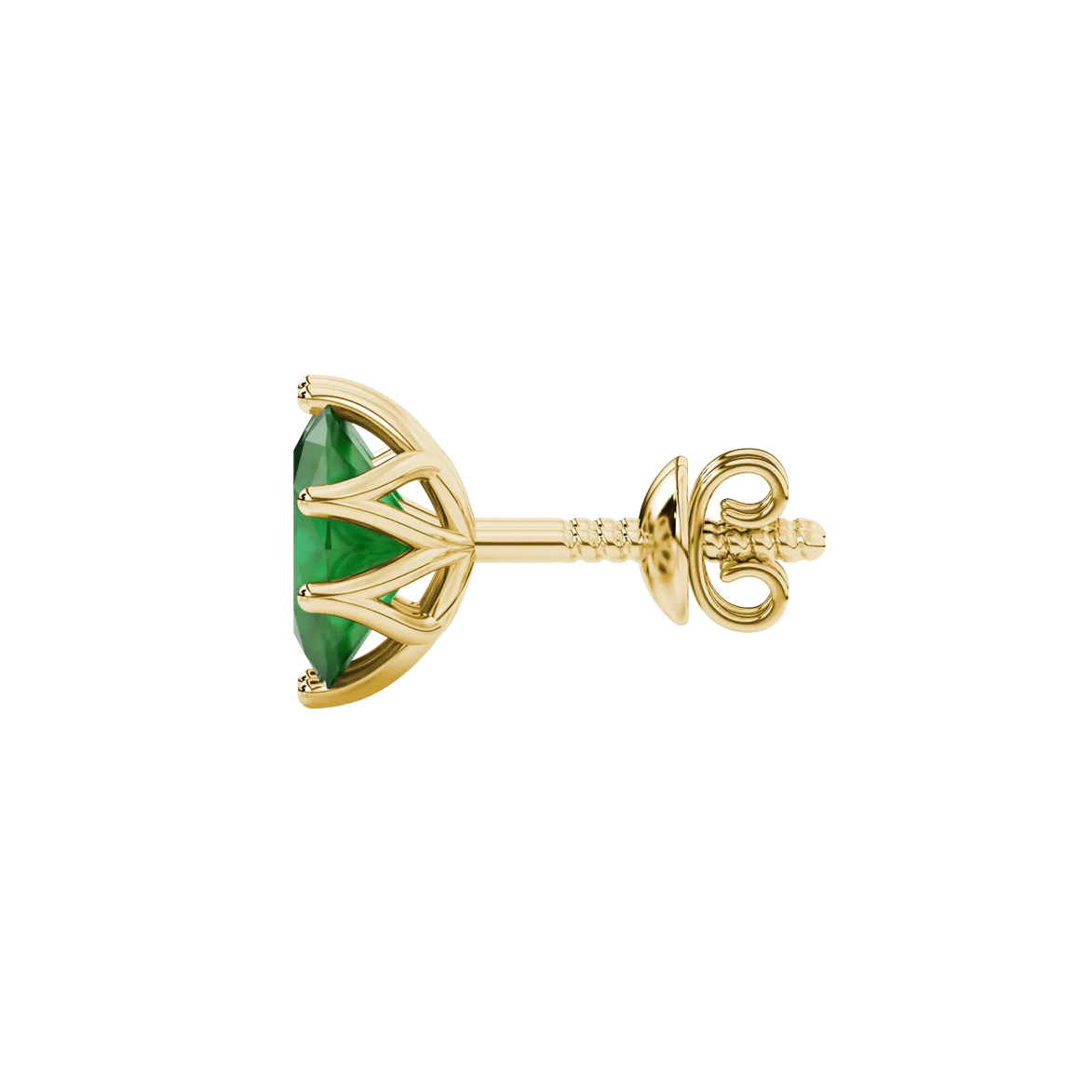 Side profile, yellow gold emerald green earrings, scalloped six prong gallery.