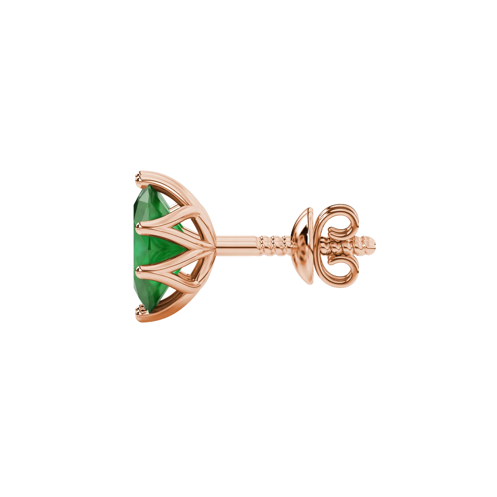 Side profile, rose gold emerald green earrings, scalloped six prong gallery.