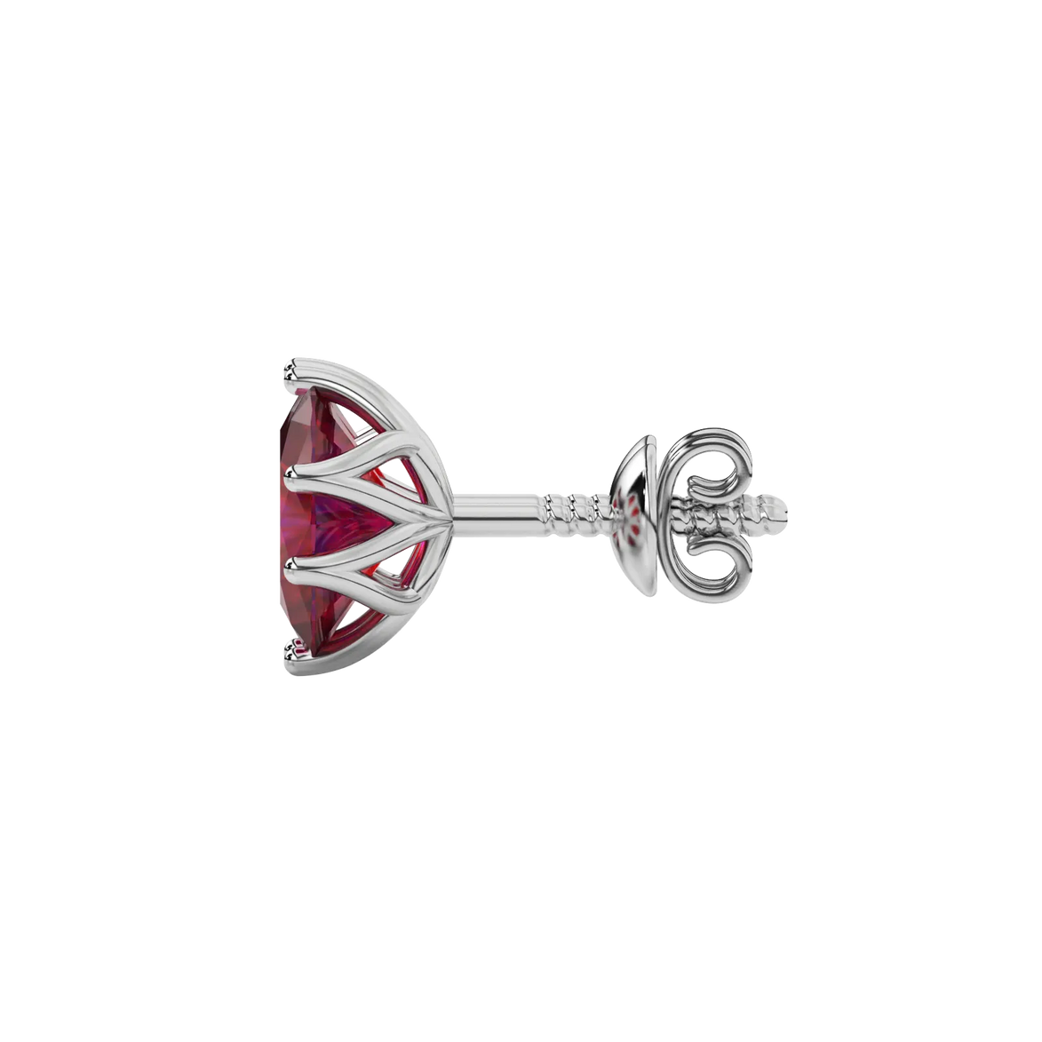 Side profile, white gold raspberry red earrings, scalloped six prong gallery.