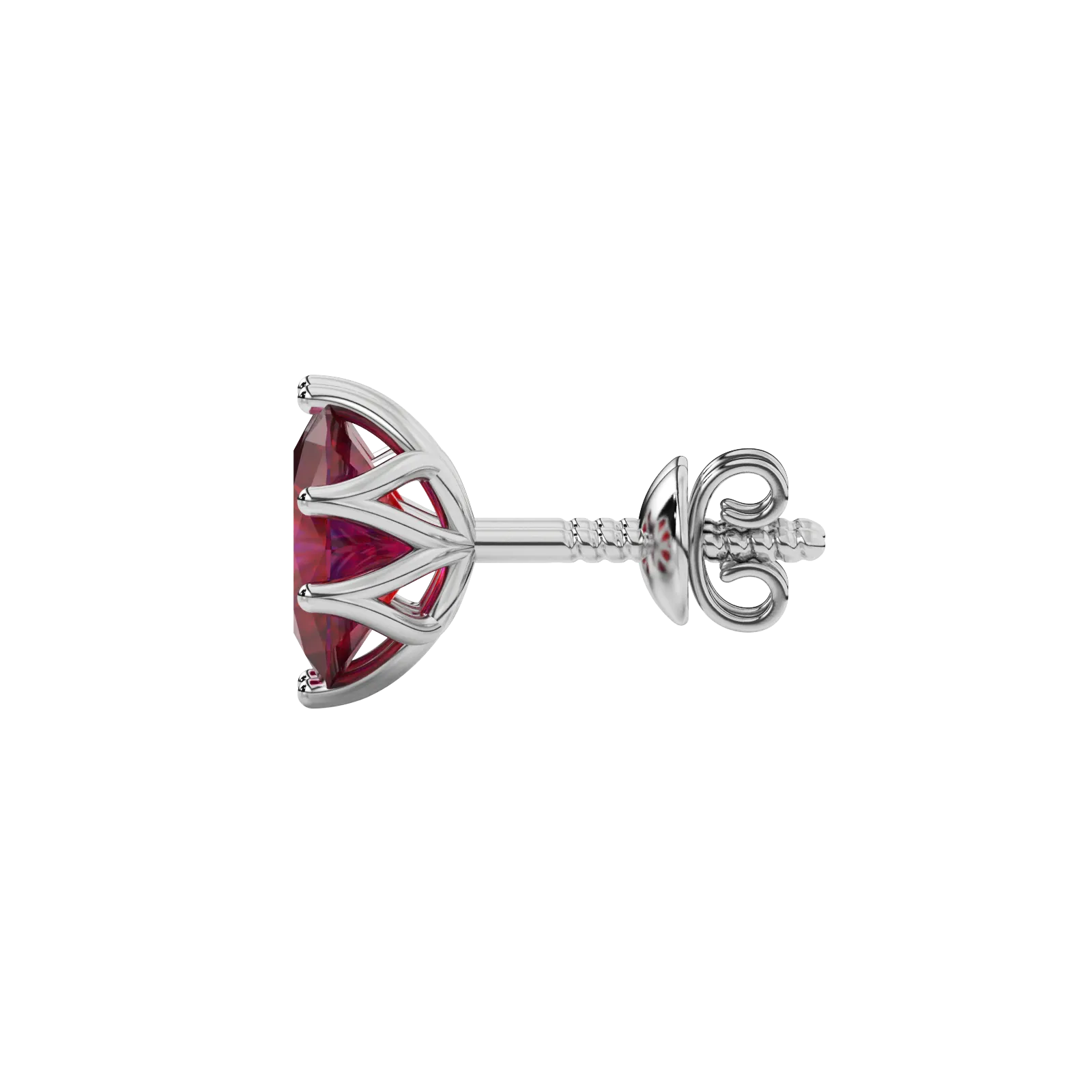 Side profile, white gold raspberry red earrings, scalloped six prong gallery.