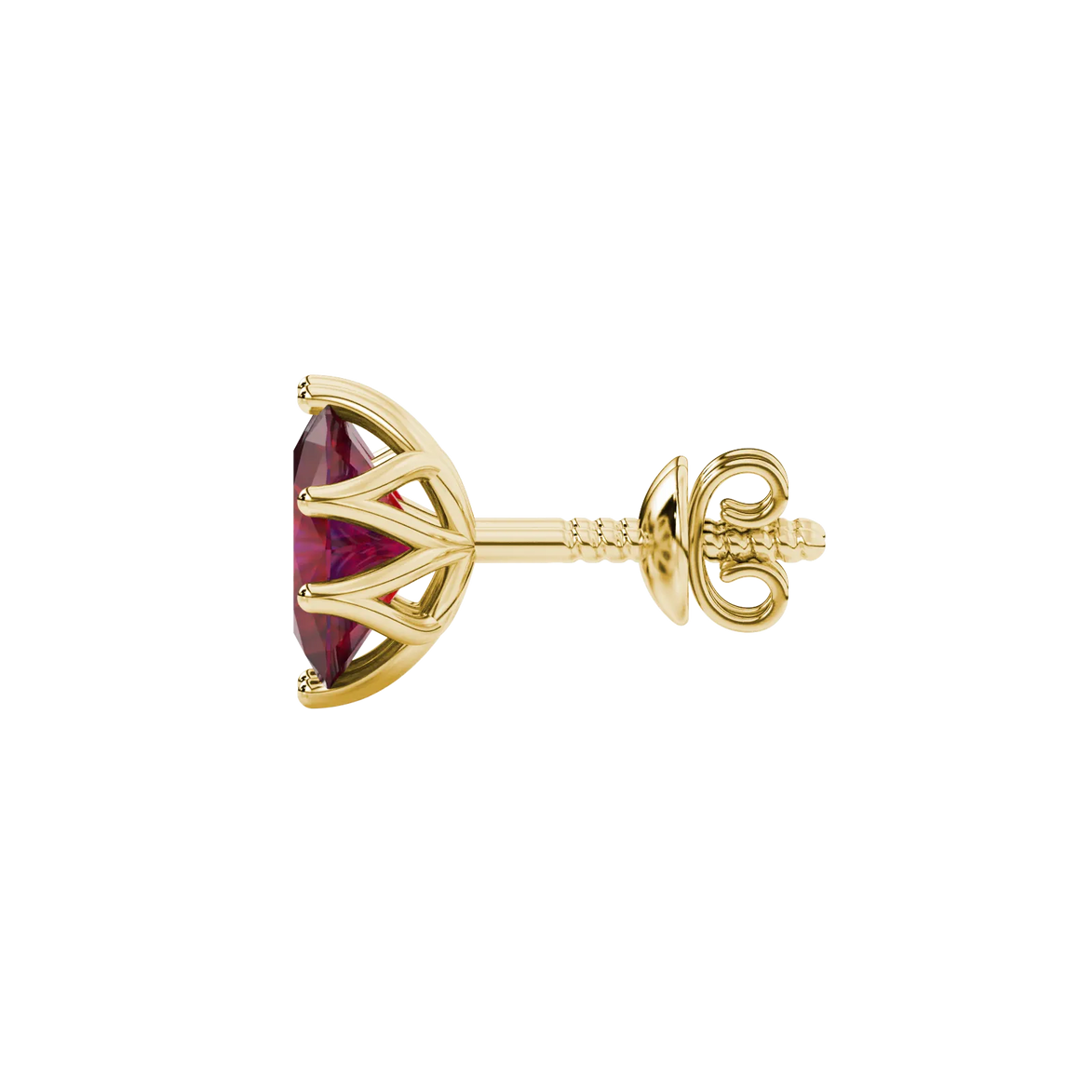 Side profile, yellow gold raspberry red earrings, scalloped six prong gallery.