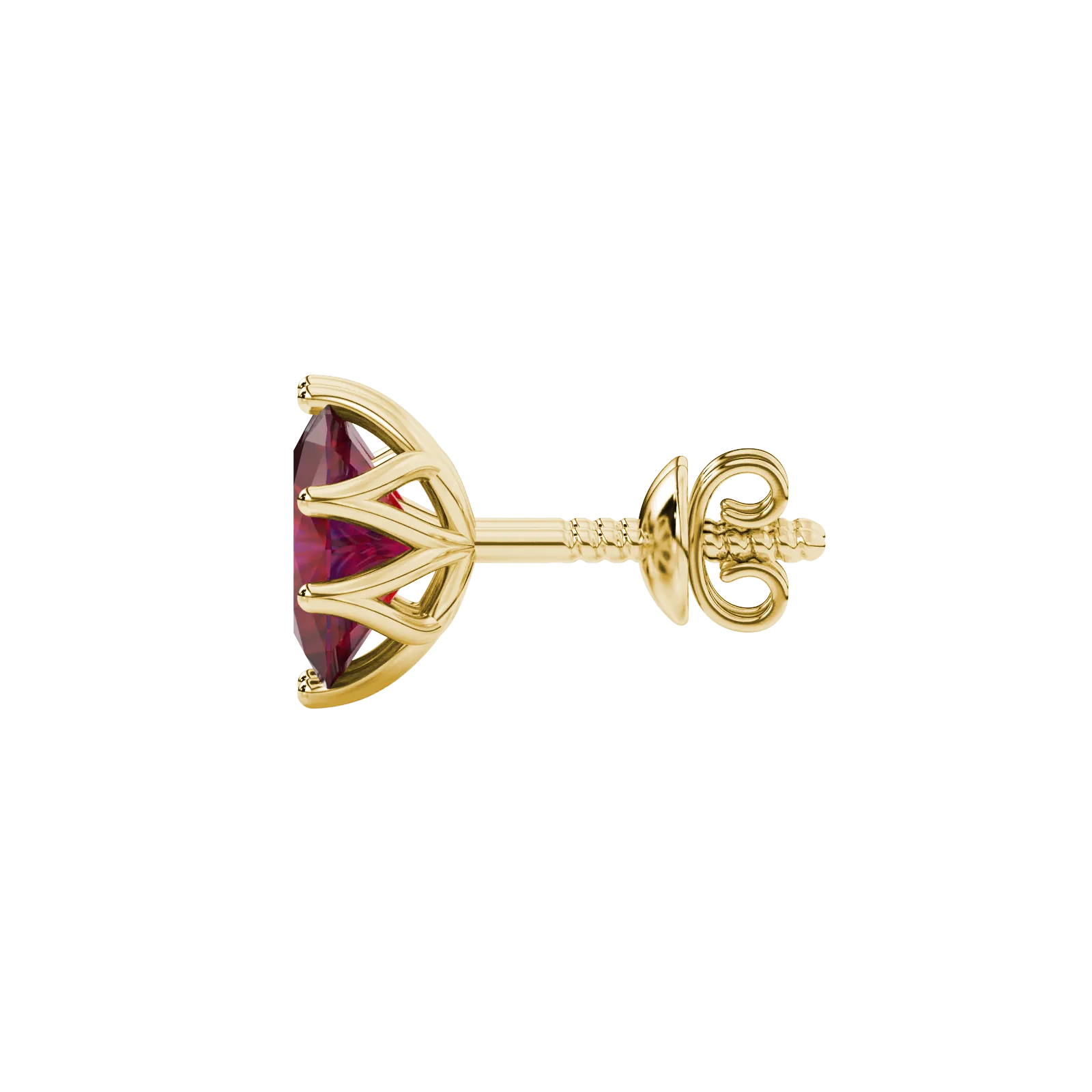 Side profile, yellow gold raspberry red earrings, scalloped six prong gallery.