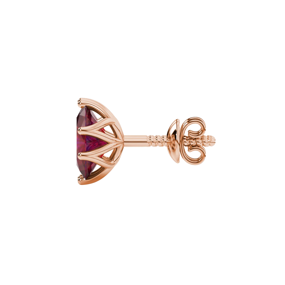 Side profile, rose gold raspberry red earrings, scalloped six prong gallery.