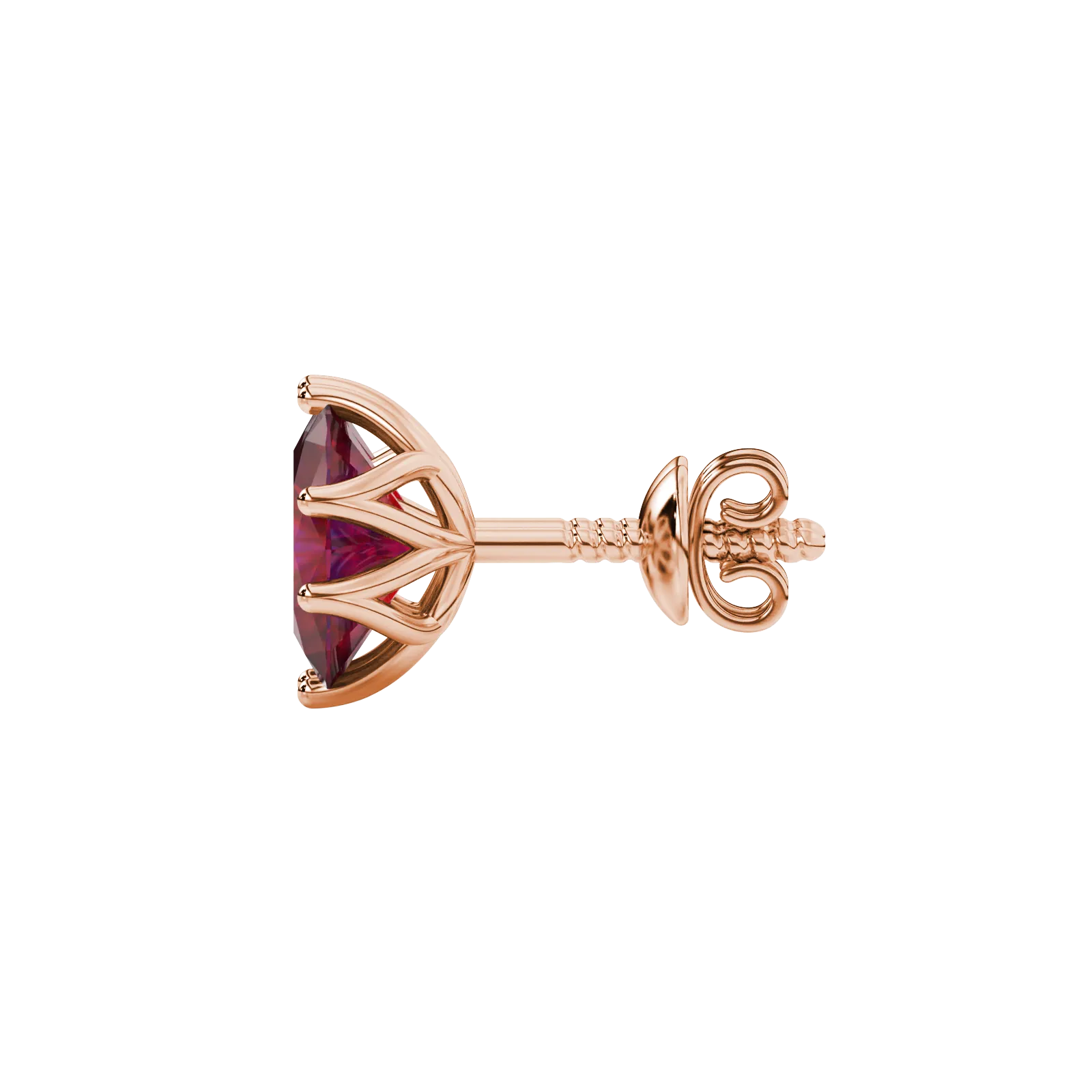 Side profile, rose gold raspberry red earrings, scalloped six prong gallery.