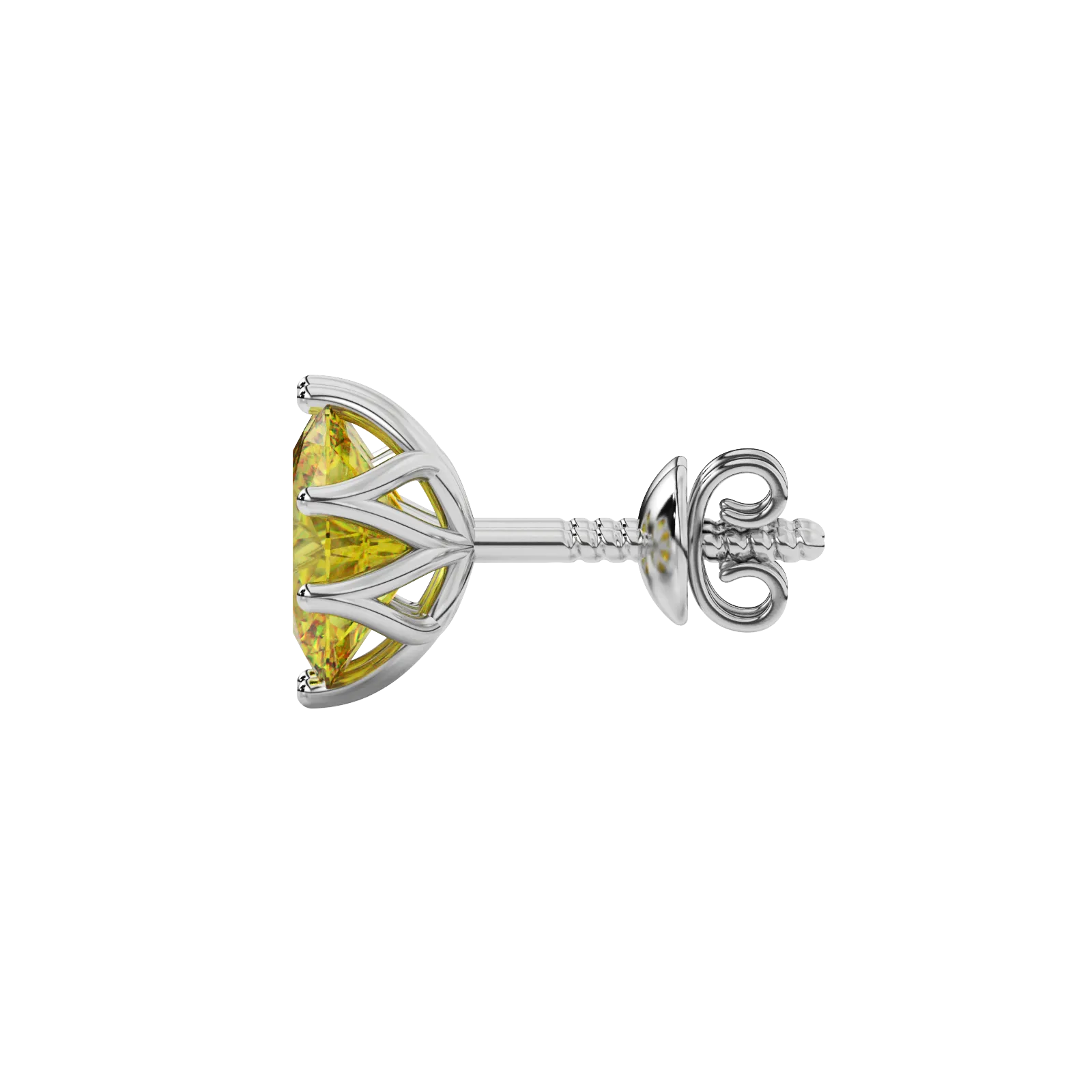 Side profile, white gold canary yellow earrings, scalloped six prong gallery.