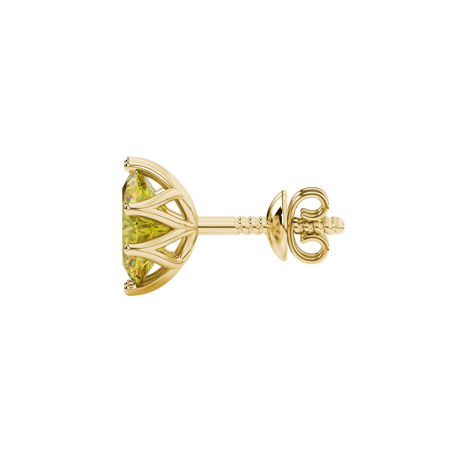Side profile, yellow gold canary yellow earrings, scalloped six prong gallery.