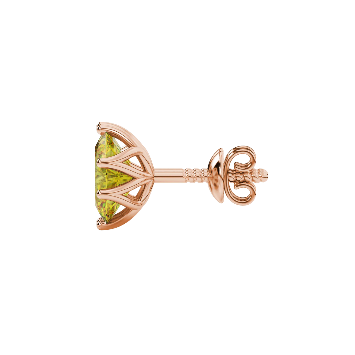Side profile, rose gold canary yellow earrings, scalloped six prong gallery.