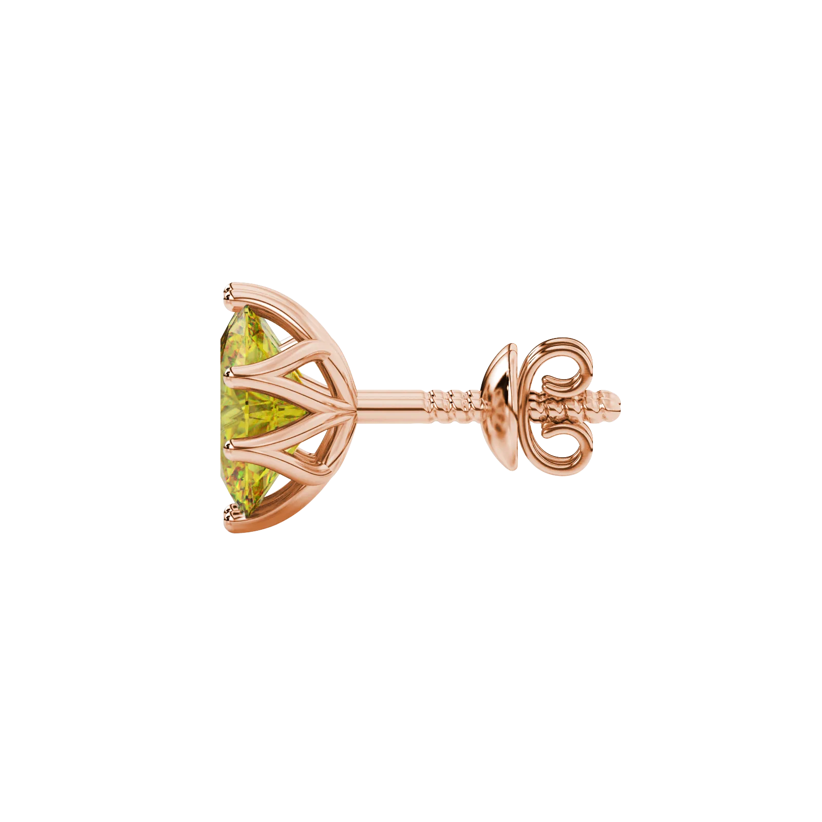 Side profile, rose gold canary yellow earrings, scalloped six prong gallery.