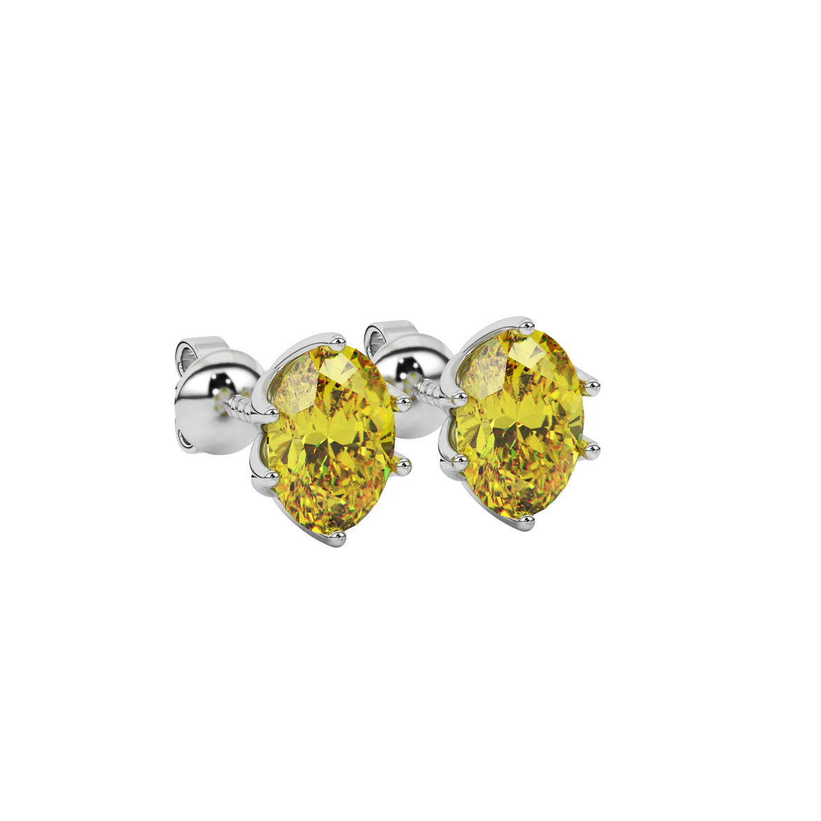 Close-up oval cut canary yellow gemstone, white gold scalloped six prong setting.