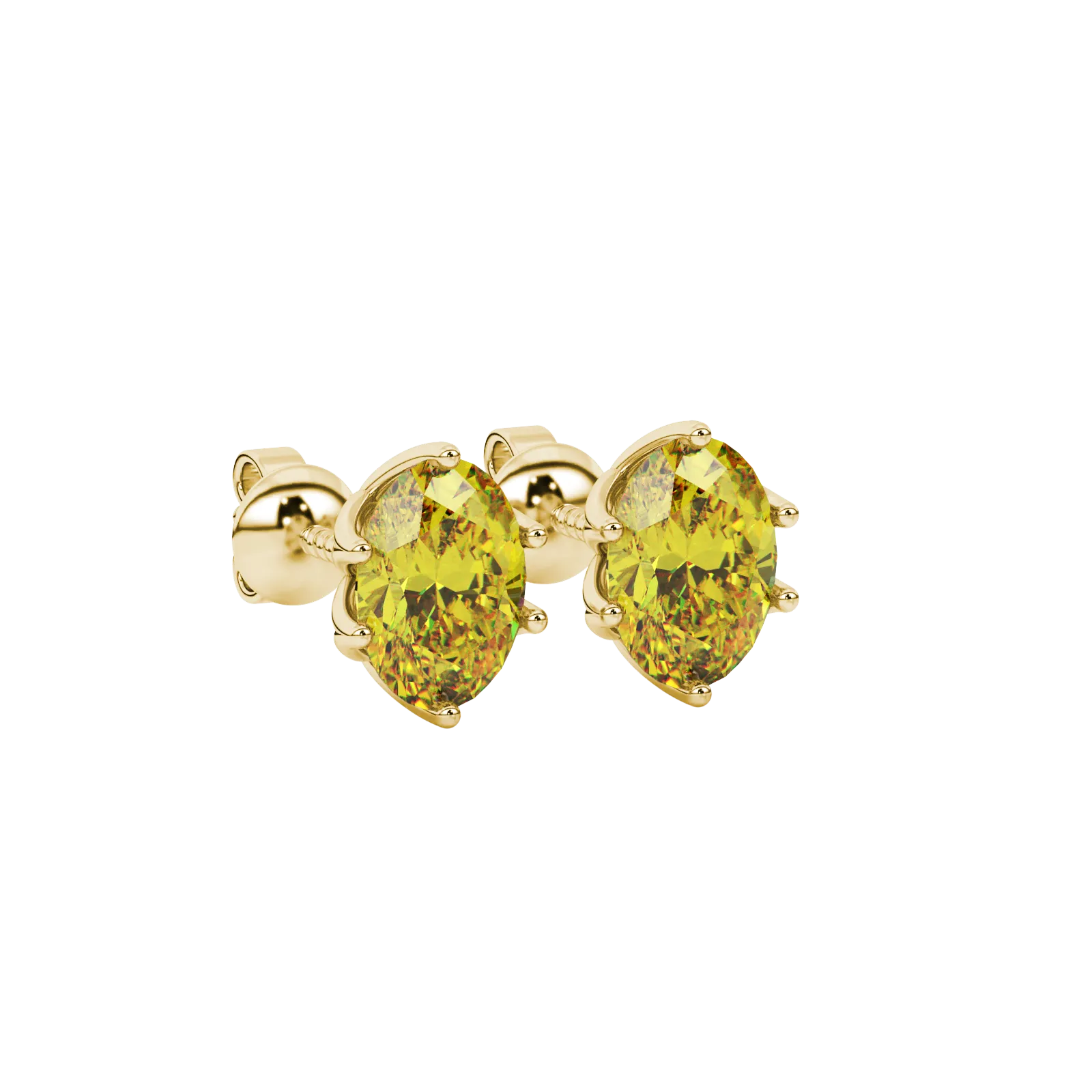 Close-up, oval cut canary yellow gemstone, yellow gold scalloped six prong earring
