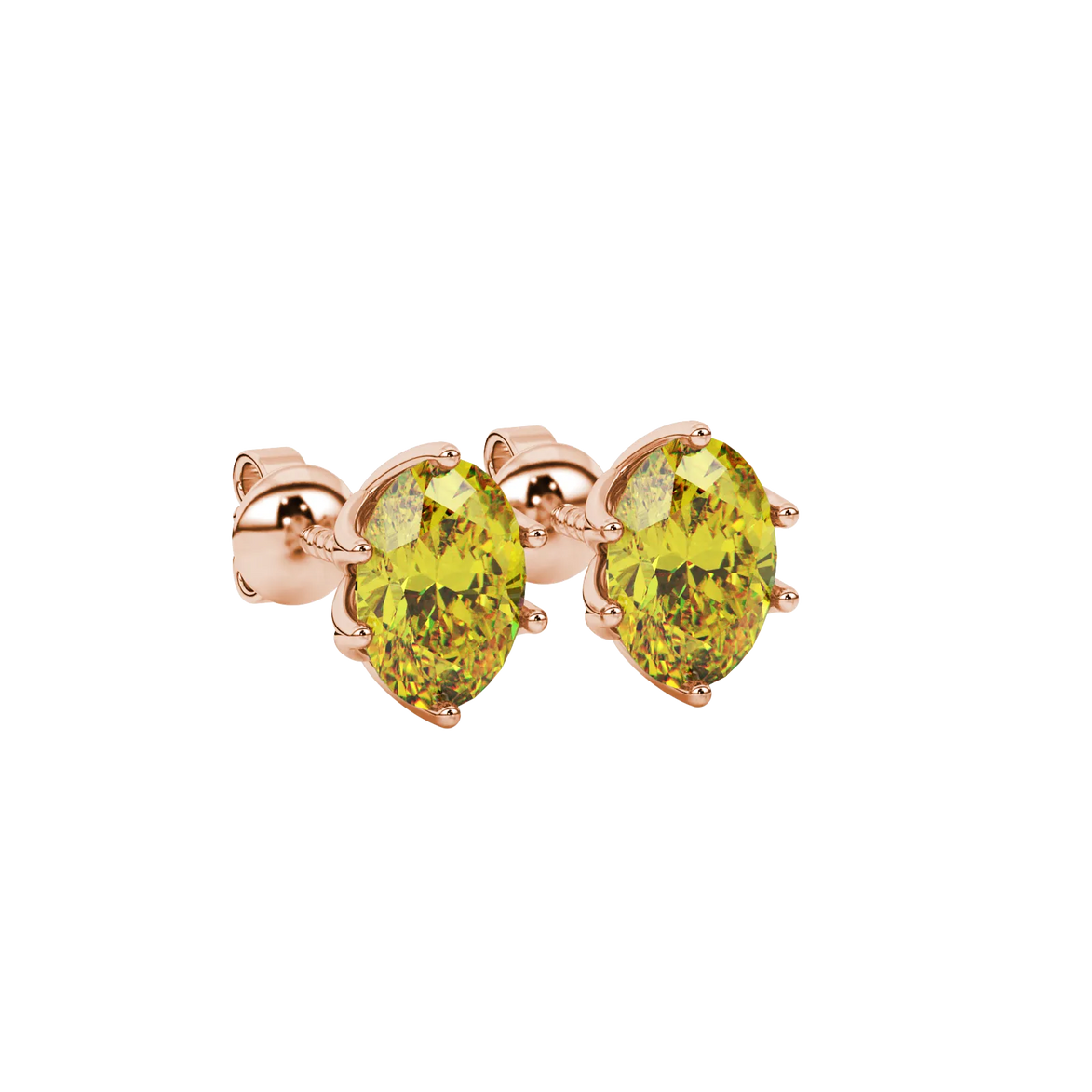Close-up, oval cut canary yellow gemstone earrings, rose gold scalloped six prong setting.