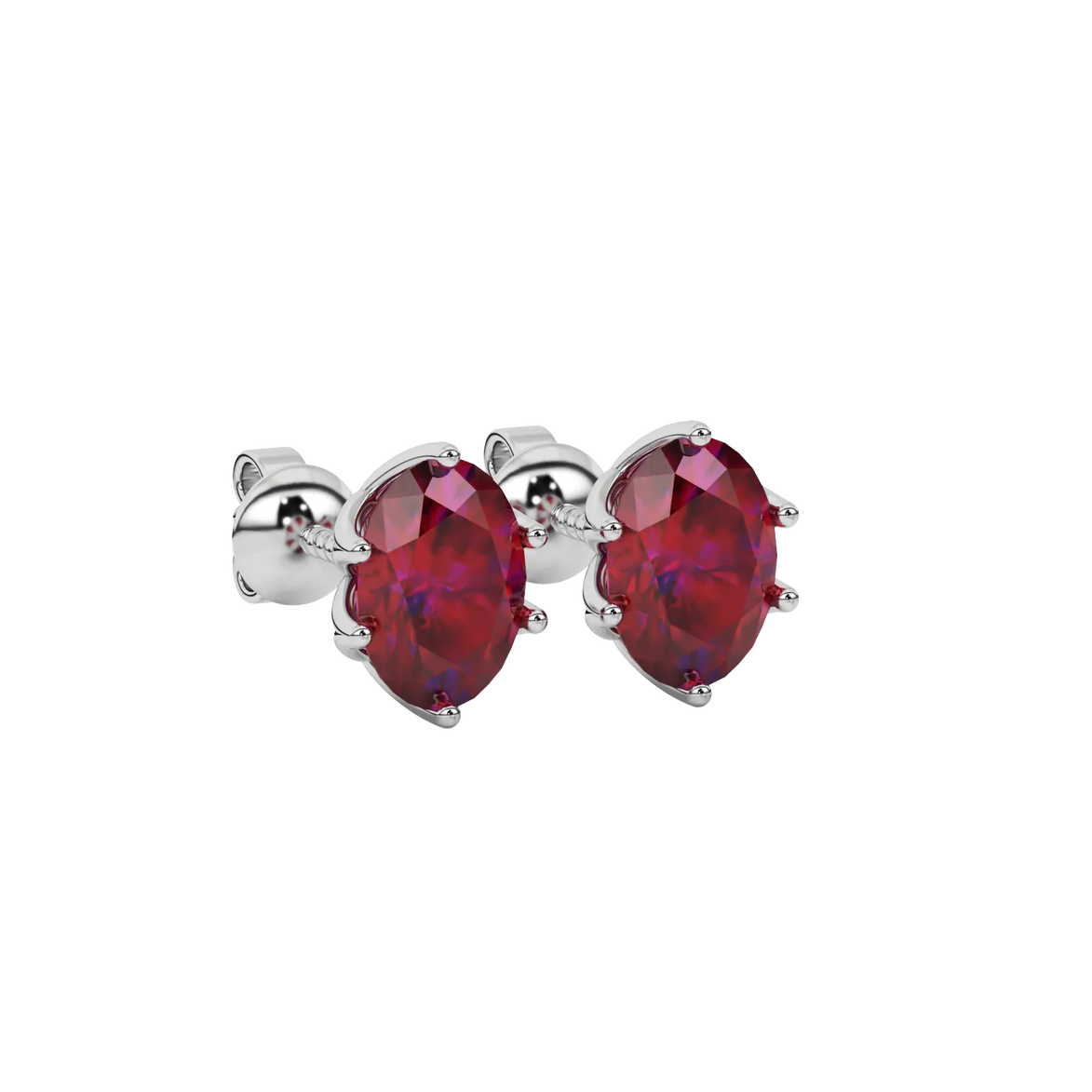 Close-up oval cut raspberry red gemstone, white gold scalloped six prong setting.
