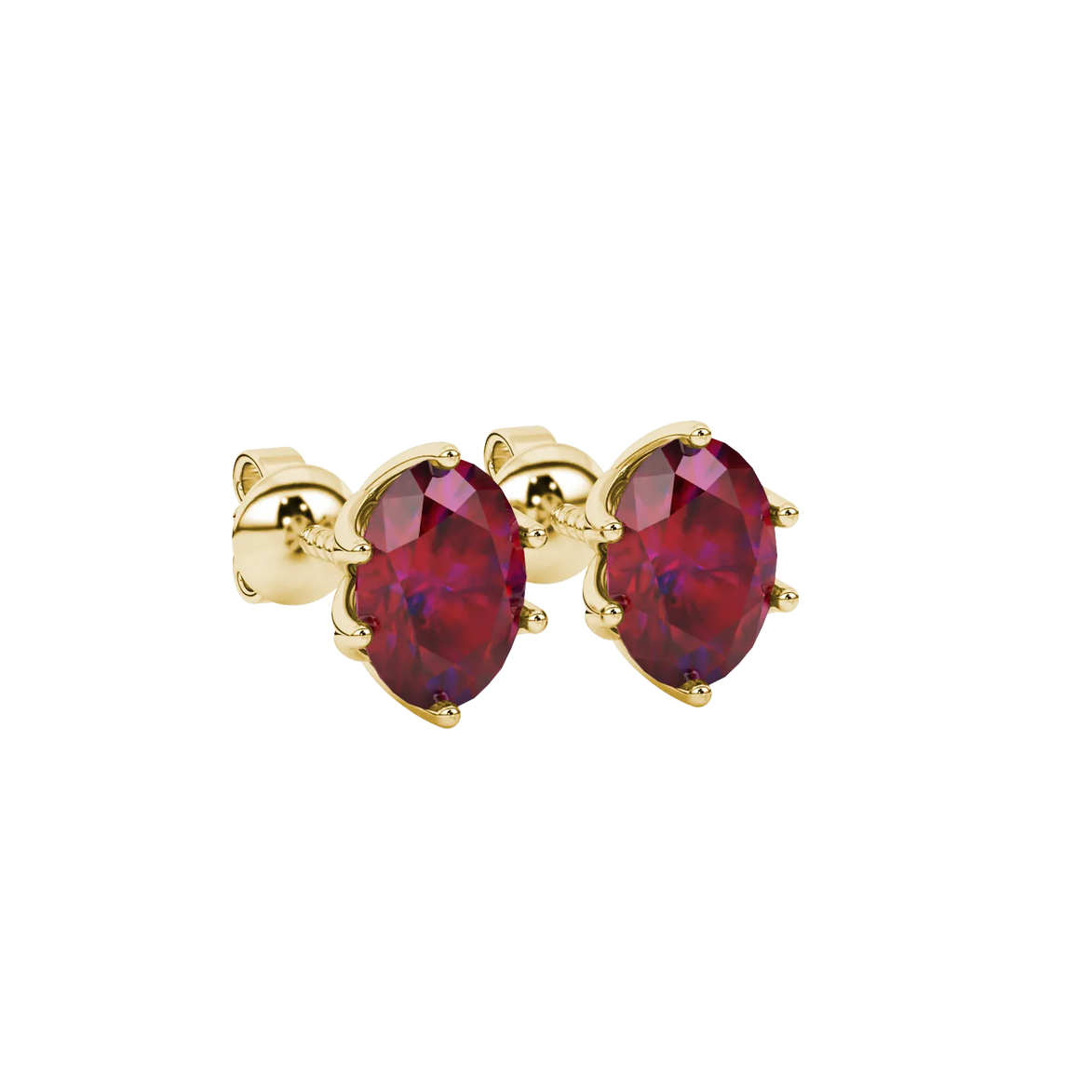Close-up, oval cut raspberry red gemstone, yellow gold scalloped six prong earrings.