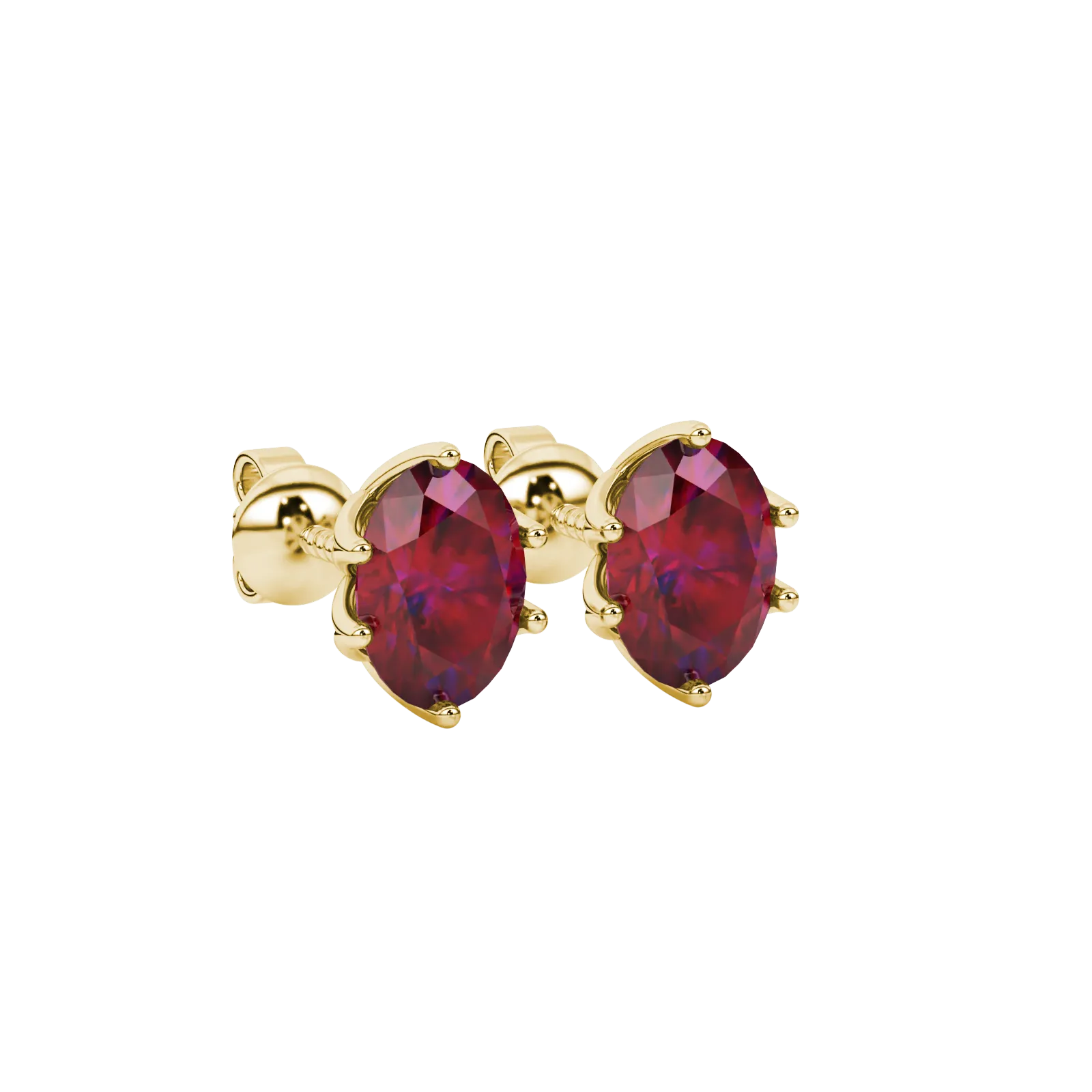 Close-up, oval cut raspberry red gemstone, yellow gold scalloped six prong earrings.