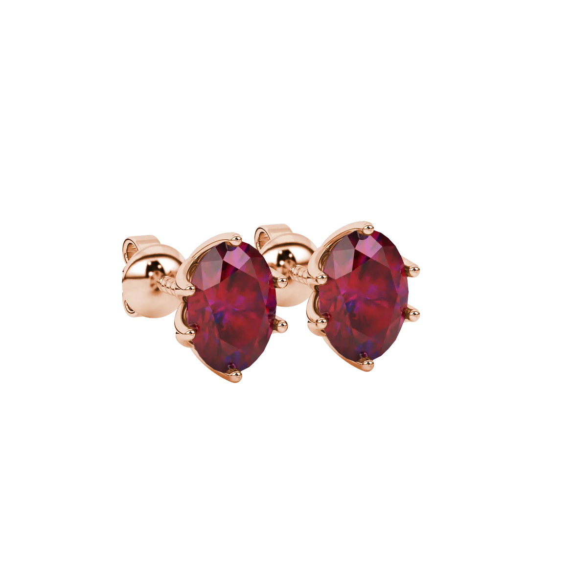 Close-up, oval cut raspberry red gemstone earrings, rose gold scalloped six prong setting.