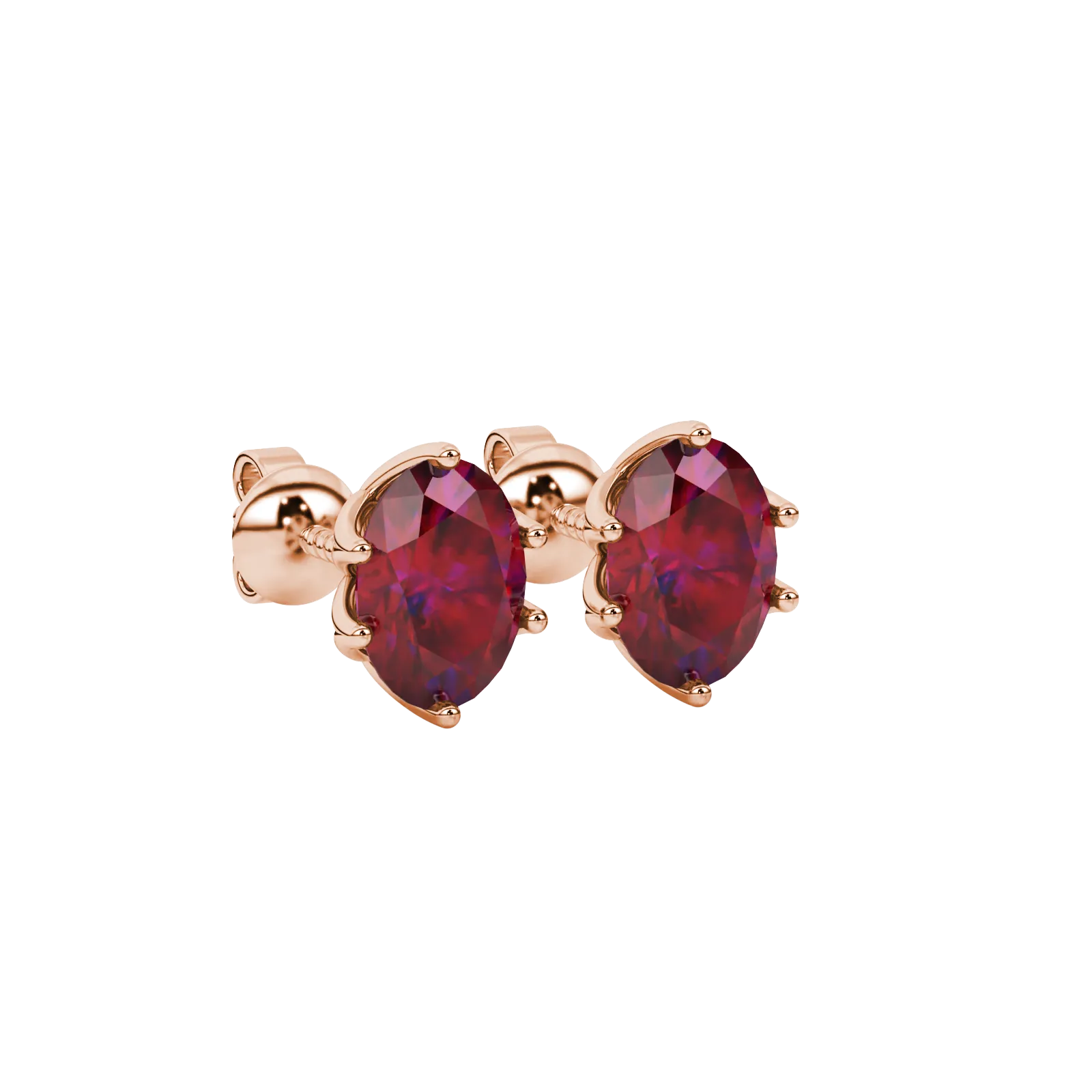 Close-up, oval cut raspberry red gemstone earrings, rose gold scalloped six prong setting.
