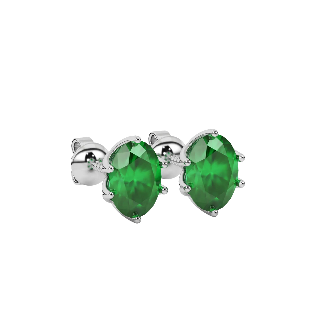 Close-up oval cut emerald green gemstone, white gold scalloped six prong setting