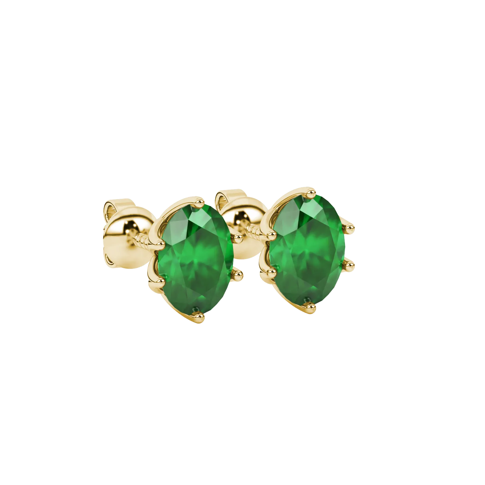 Close-up, oval cut emerald green gemstone, yellow gold scalloped six prong earrings.