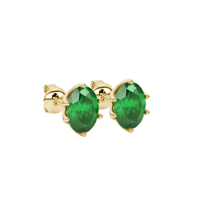 Close-up, oval cut emerald green gemstone, yellow gold scalloped six prong earrings.