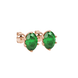 Close-up, oval cut emerald green gemstone earrings, rose gold scalloped six prong setting.