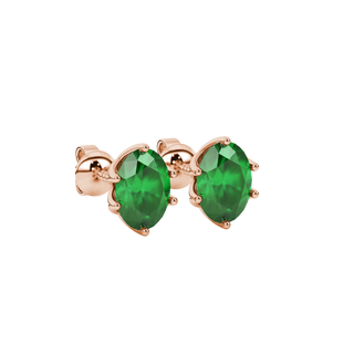 Close-up, oval cut emerald green gemstone earrings, rose gold scalloped six prong setting.