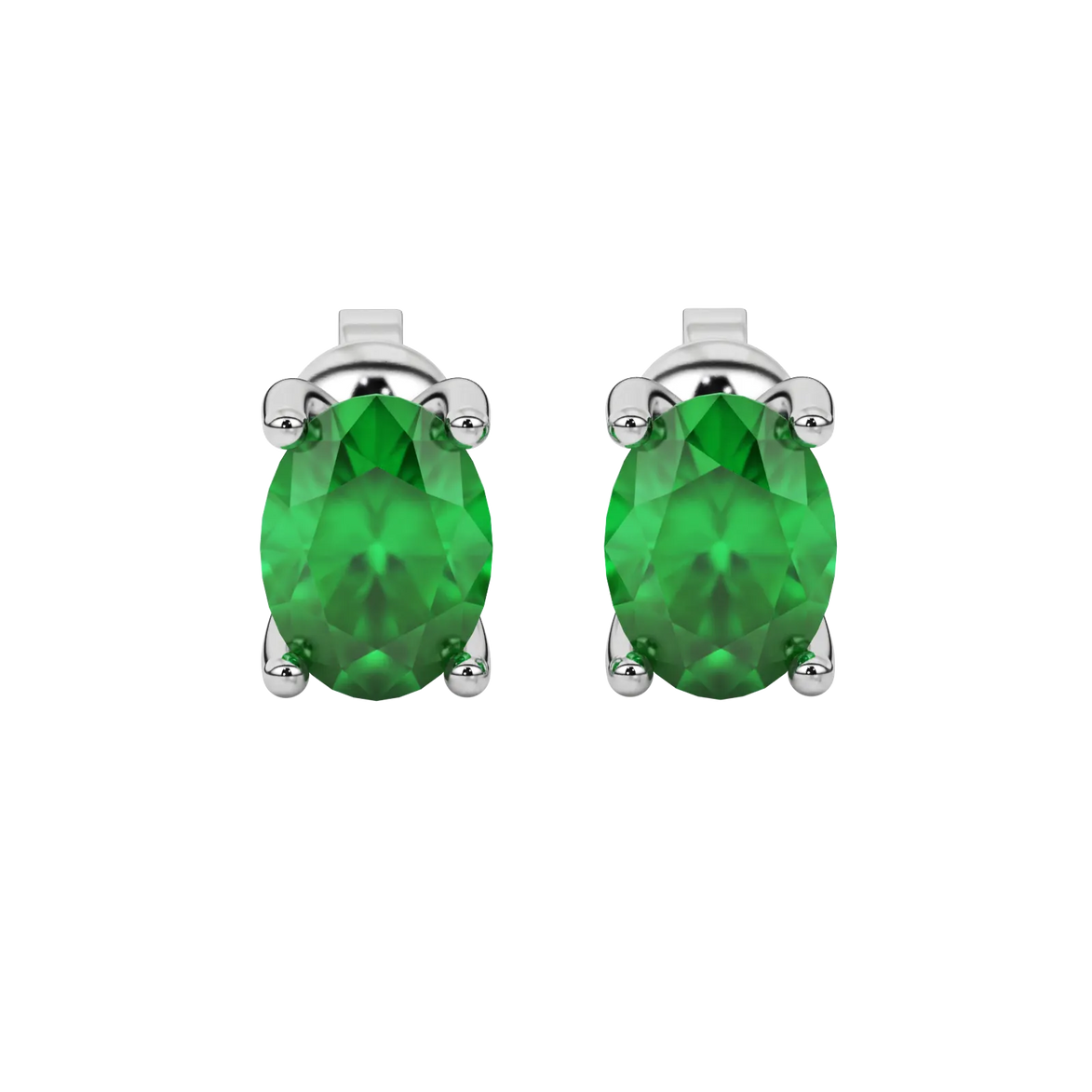 Oval cut emerald green gemstone earrings, white gold surprise diamond setting