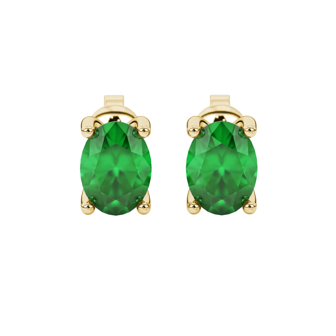 Oval cut emerald green gemstone earrings, yellow gold surprise diamond setting.