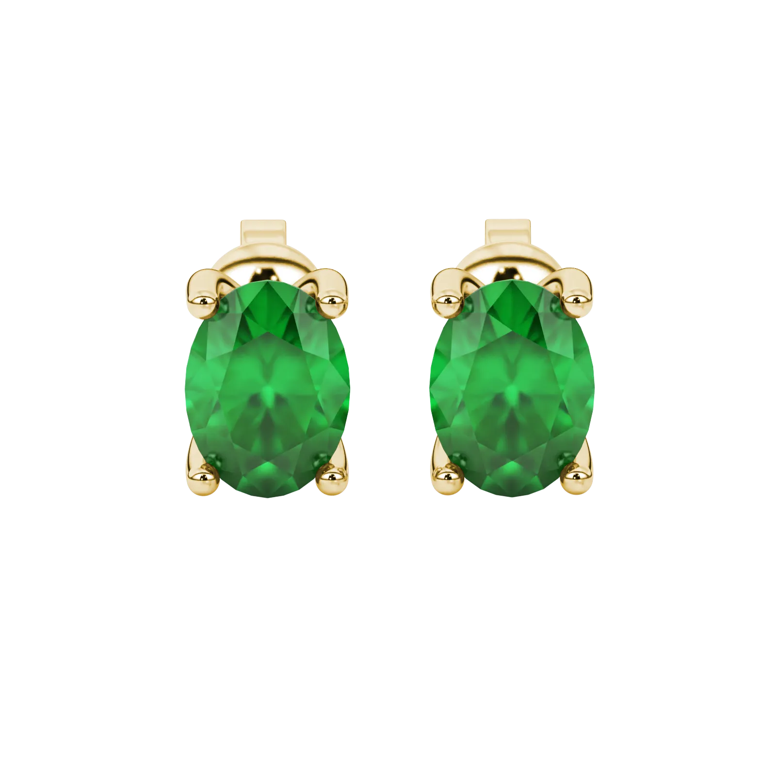 Oval cut emerald green gemstone earrings, yellow gold surprise diamond setting.