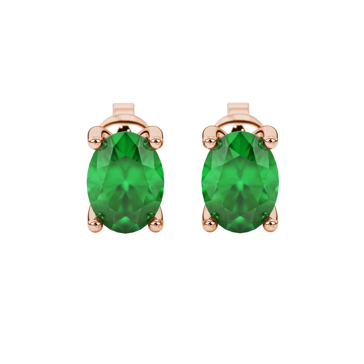 Oval cut emerald green gemstone earrings, rose gold surprise diamond setting.