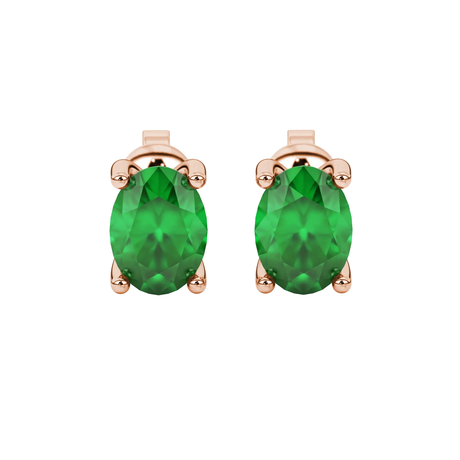 Oval cut emerald green gemstone earrings, rose gold surprise diamond setting.