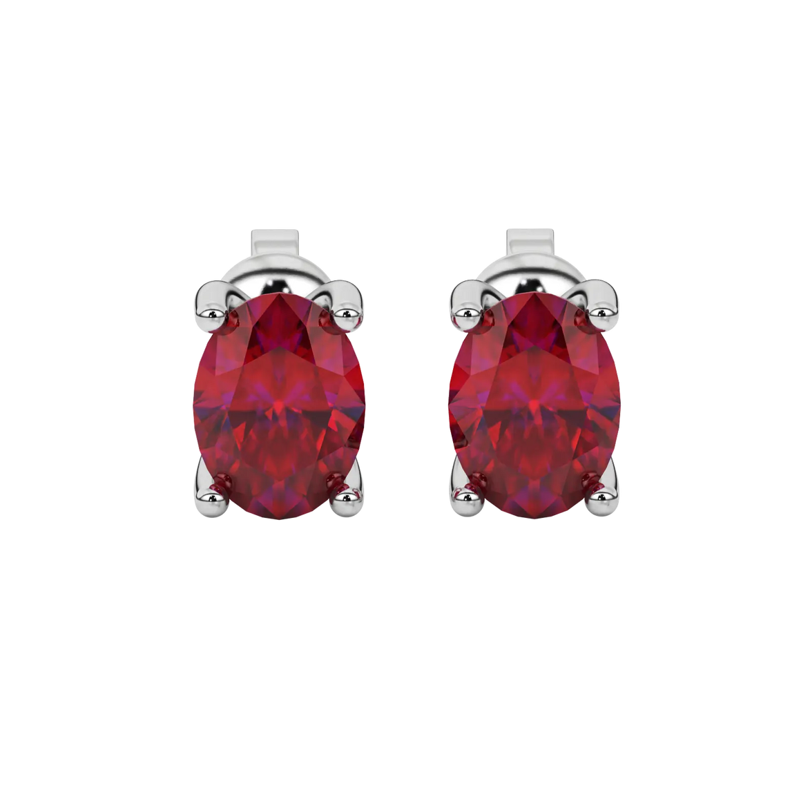 Oval cut raspberry red gemstone earrings, white gold surprise diamond setting.