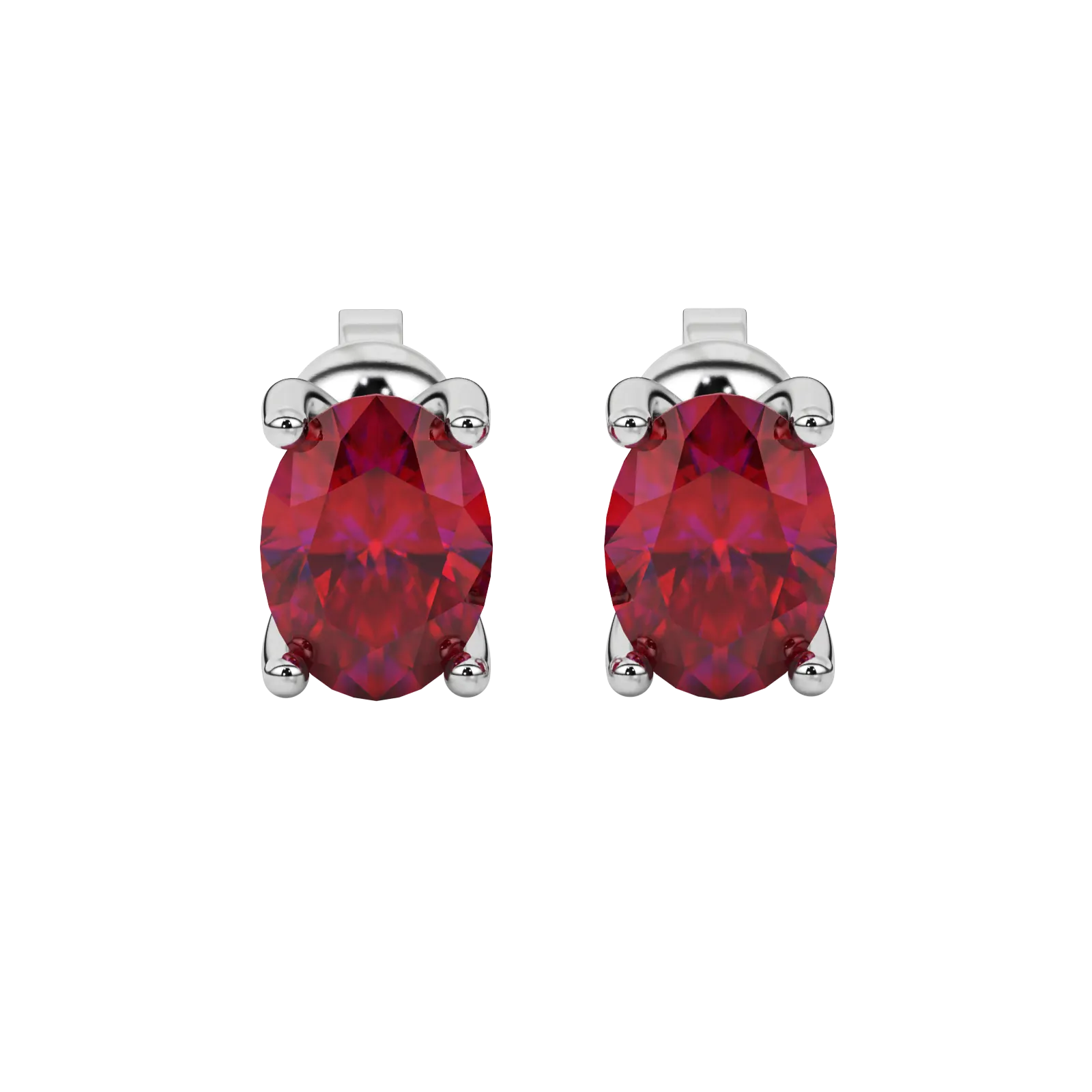 Oval cut raspberry red gemstone earrings, white gold surprise diamond setting.