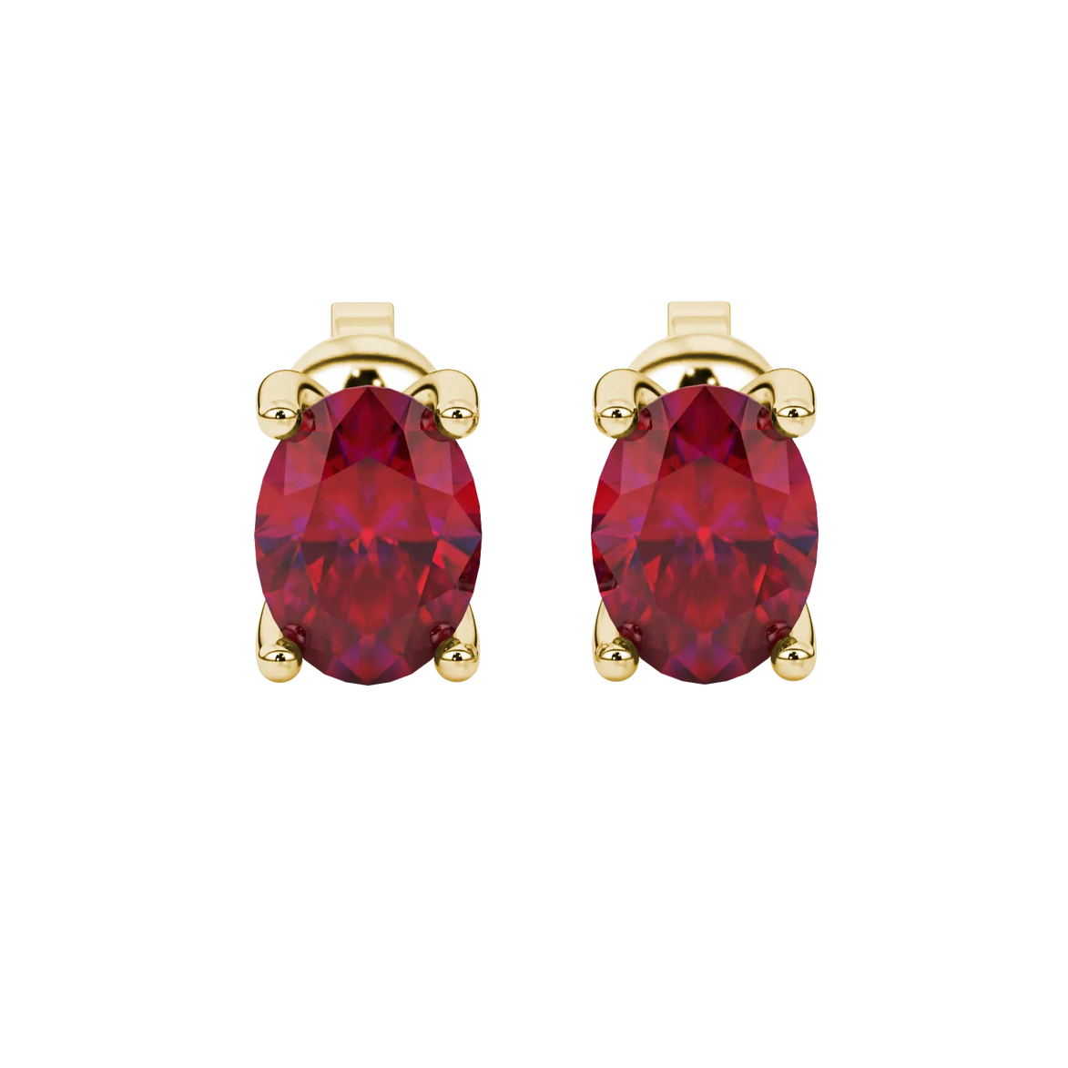 Oval cut raspberry red gemstone earrings, yellow gold surprise diamond setting.