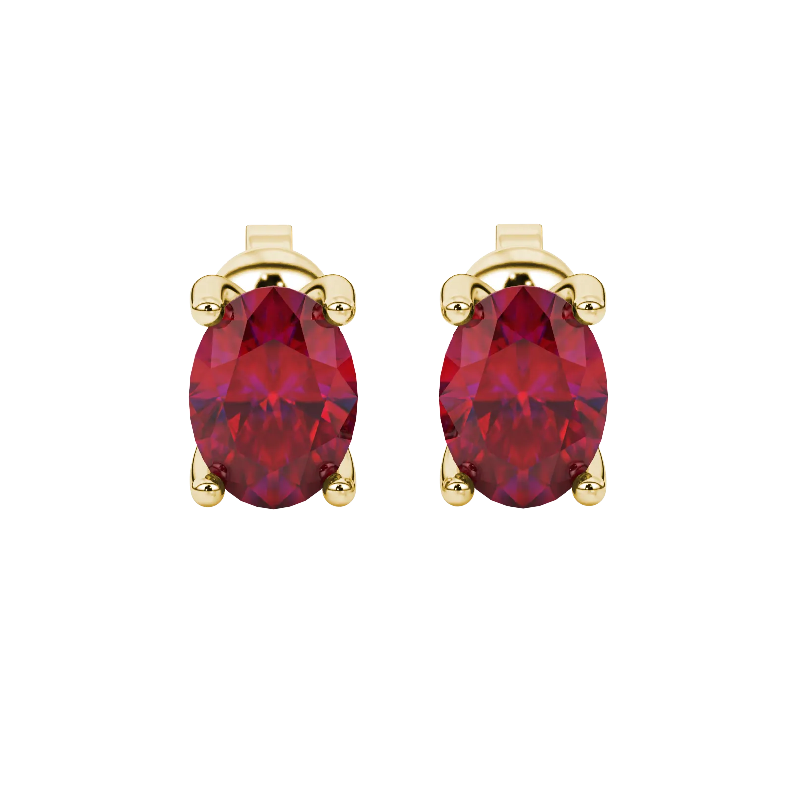 Oval cut raspberry red gemstone earrings, yellow gold surprise diamond setting.