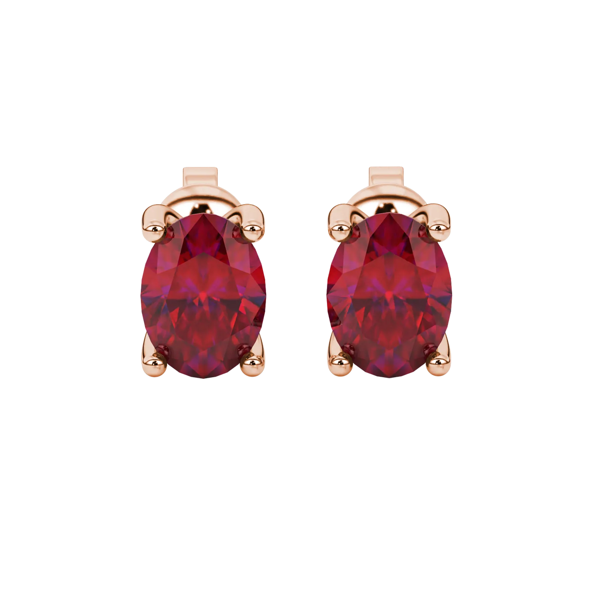 Oval cut raspberry red gemstone earrings, rose gold surprise diamond setting.