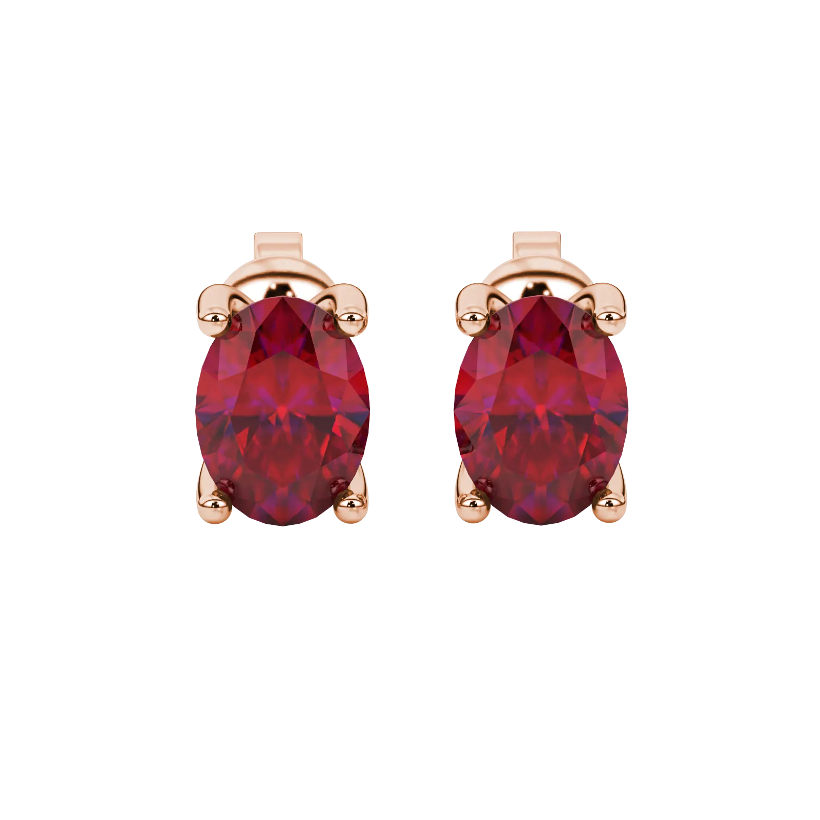 Oval cut raspberry red gemstone earrings, rose gold surprise diamond setting.