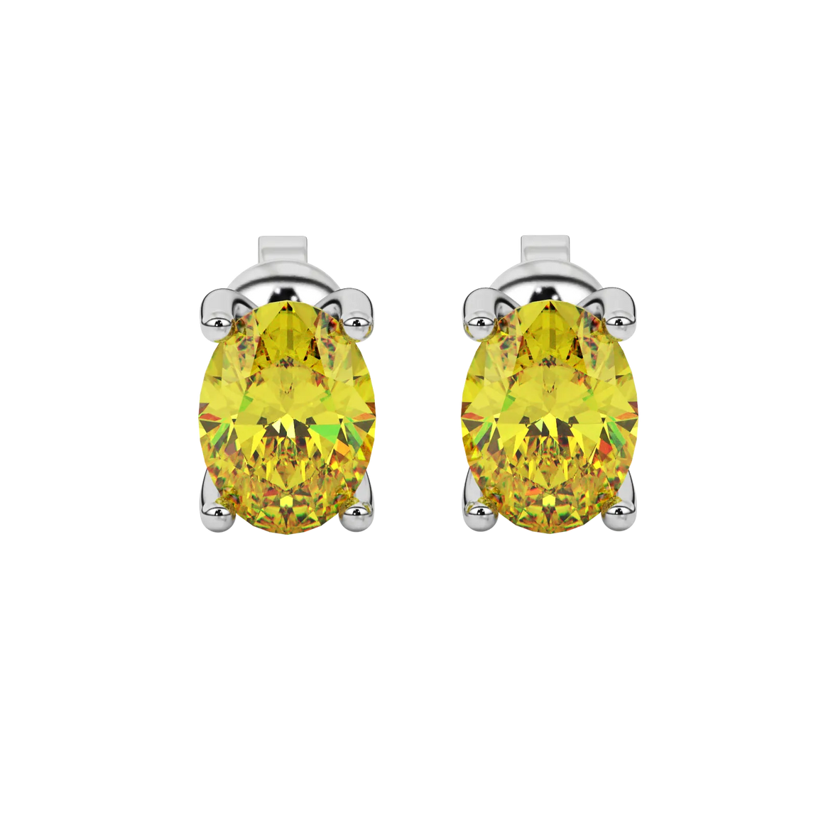 Oval cut canary yellow gemstone earrings, white gold surprise diamond setting.
