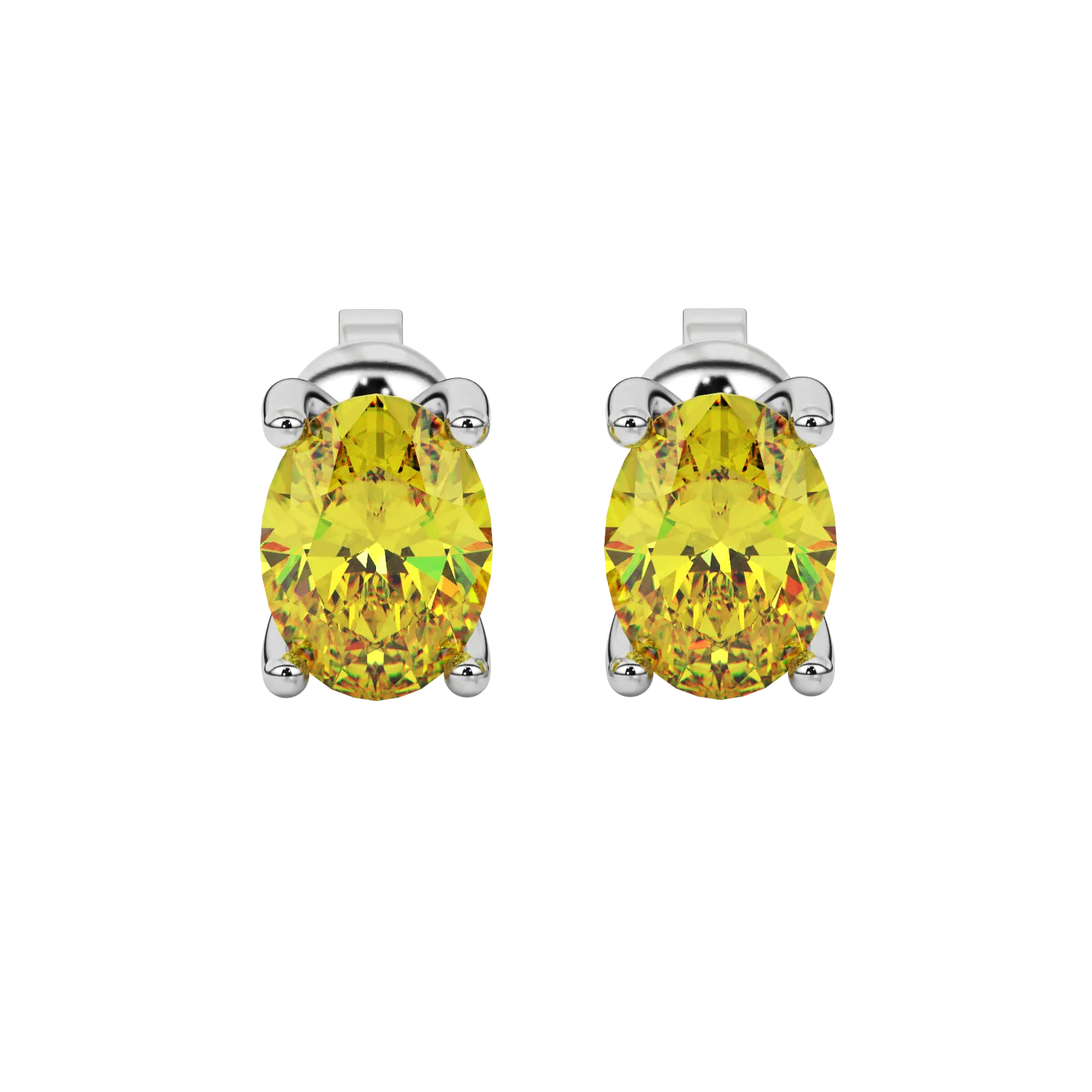 Oval cut canary yellow gemstone earrings, white gold surprise diamond setting.