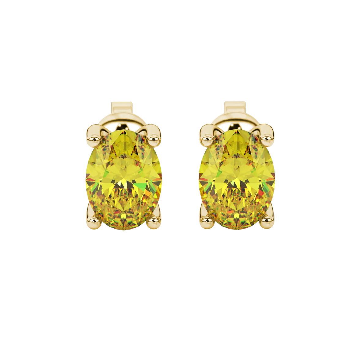 Oval cut canary yellow gemstone earrings, yellow gold surprise diamond setting.