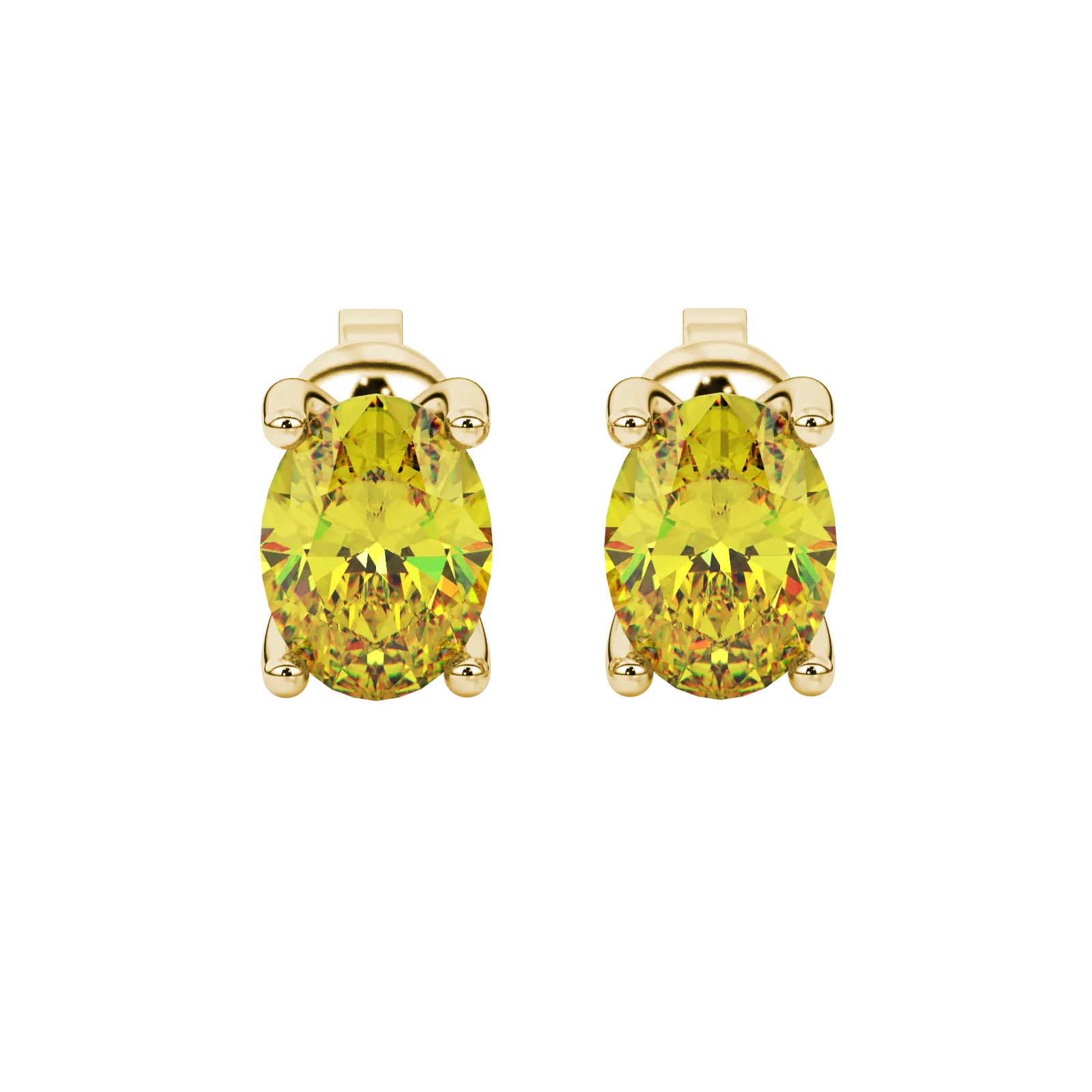 Oval cut canary yellow gemstone earrings, yellow gold surprise diamond setting.