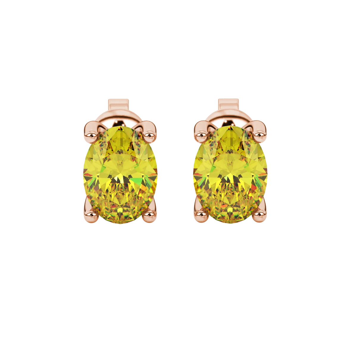 Oval cut canary yellow gemstone earrings, rose gold surprise diamond setting.