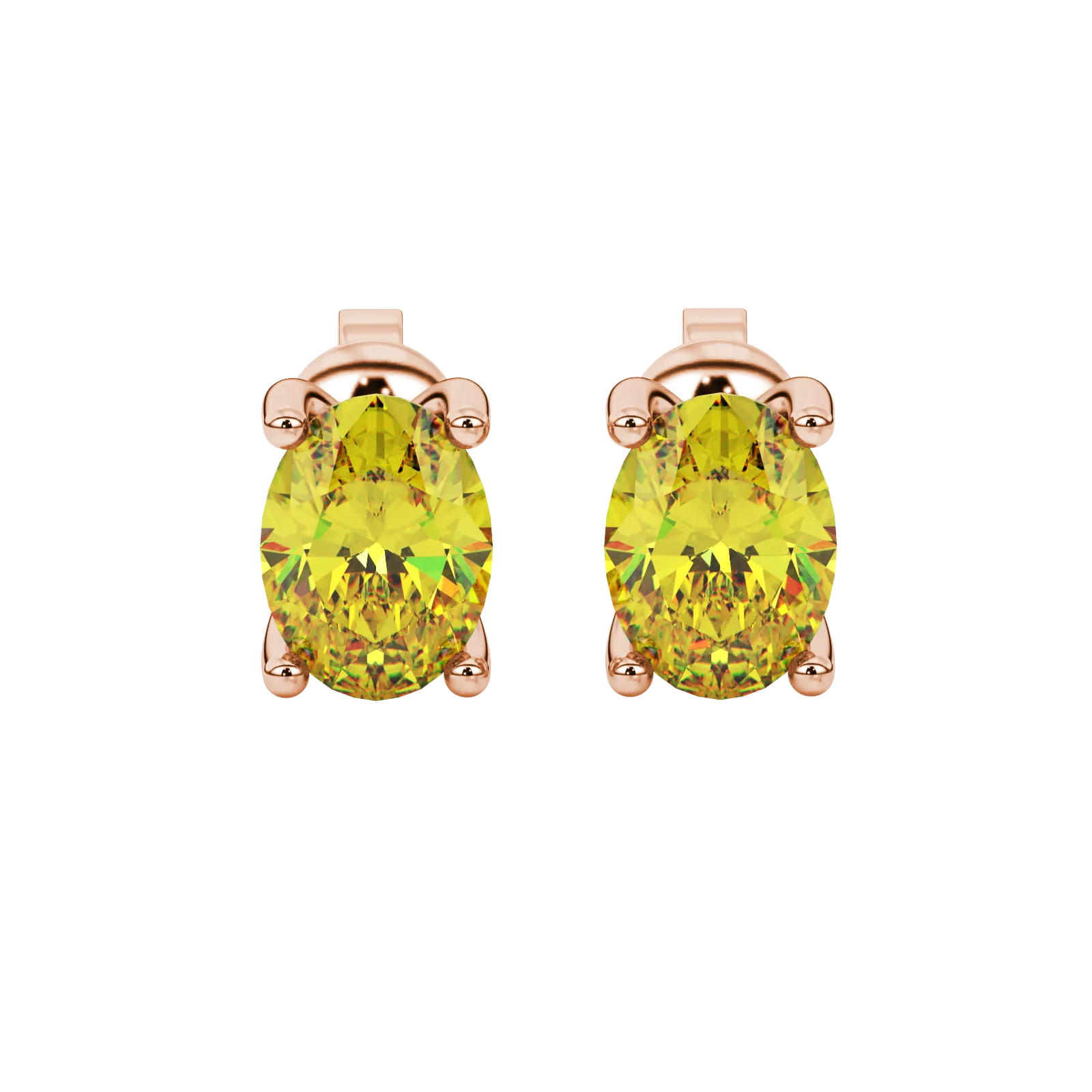 Oval cut canary yellow gemstone earrings, rose gold surprise diamond setting.