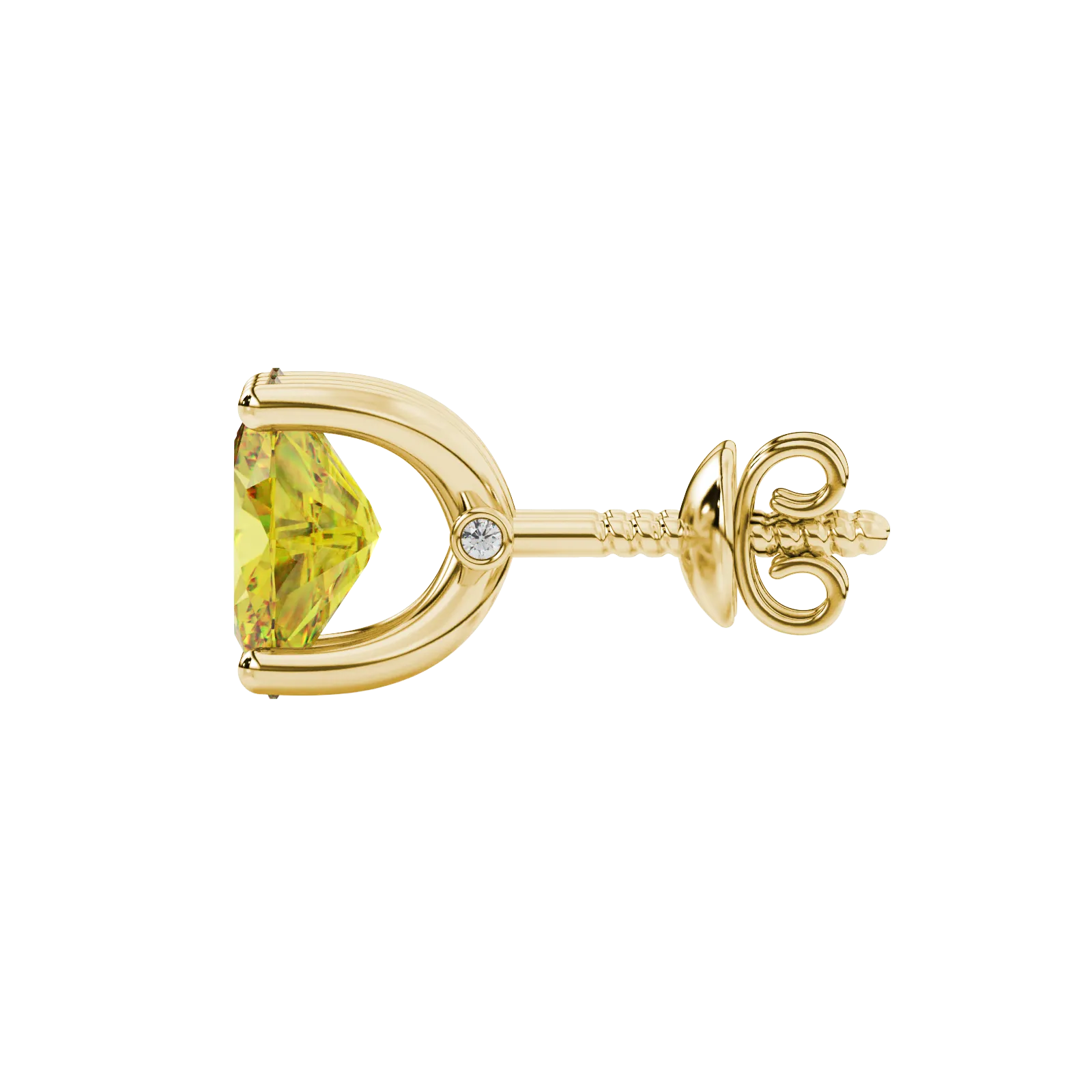 Side profile, yellow gold canary yellow earrings, surprise diamond gallery.
