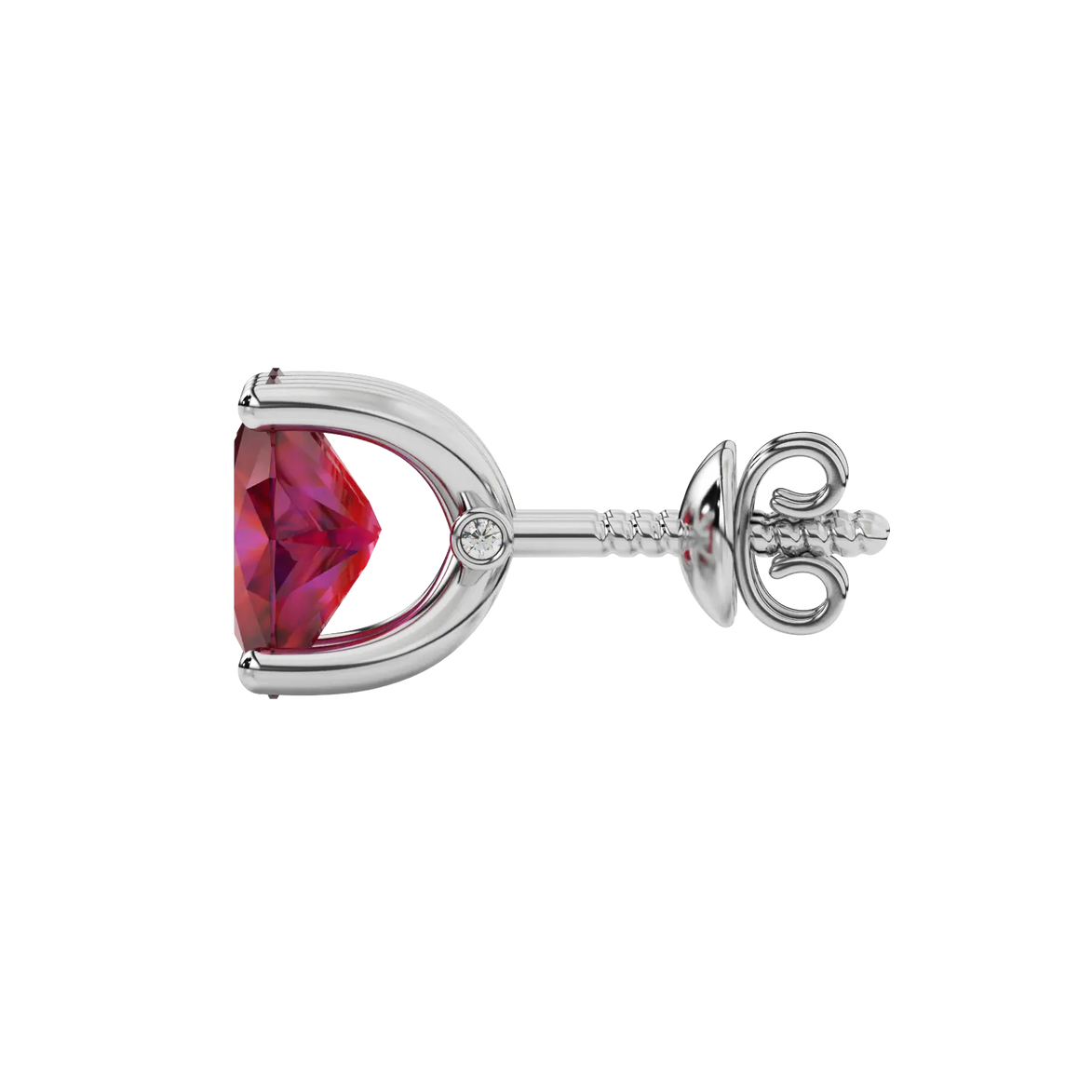 Side profile, white gold raspberry red earrings, surprise diamond gallery.
