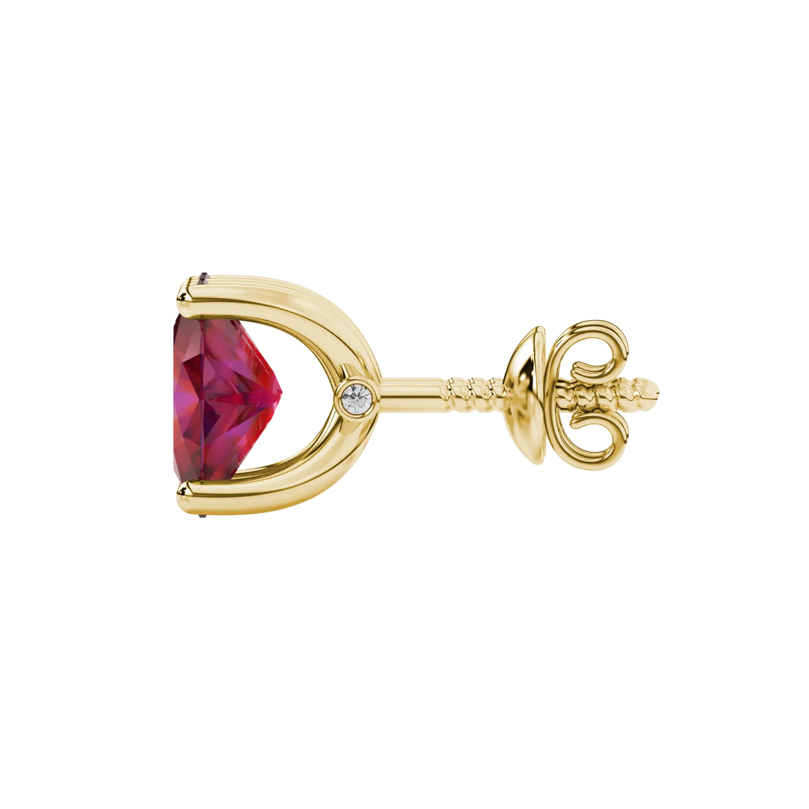 Side profile, yellow gold raspberry red earrings, surprise diamond gallery.