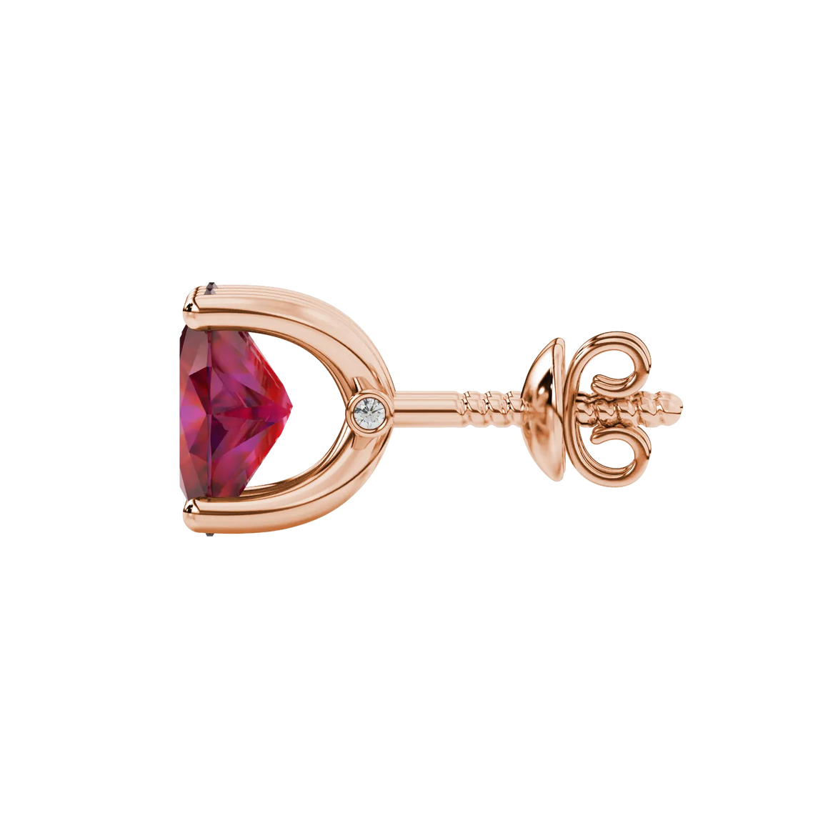 Side profile, rose gold raspberry red earrings, surprise diamond gallery.