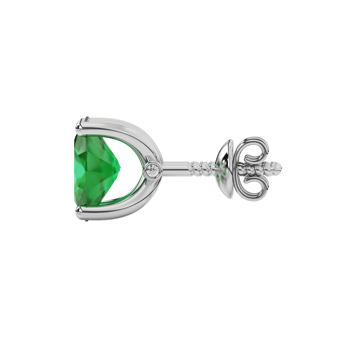 Side profile, white gold emerald green earrings, surprise diamond gallery.
